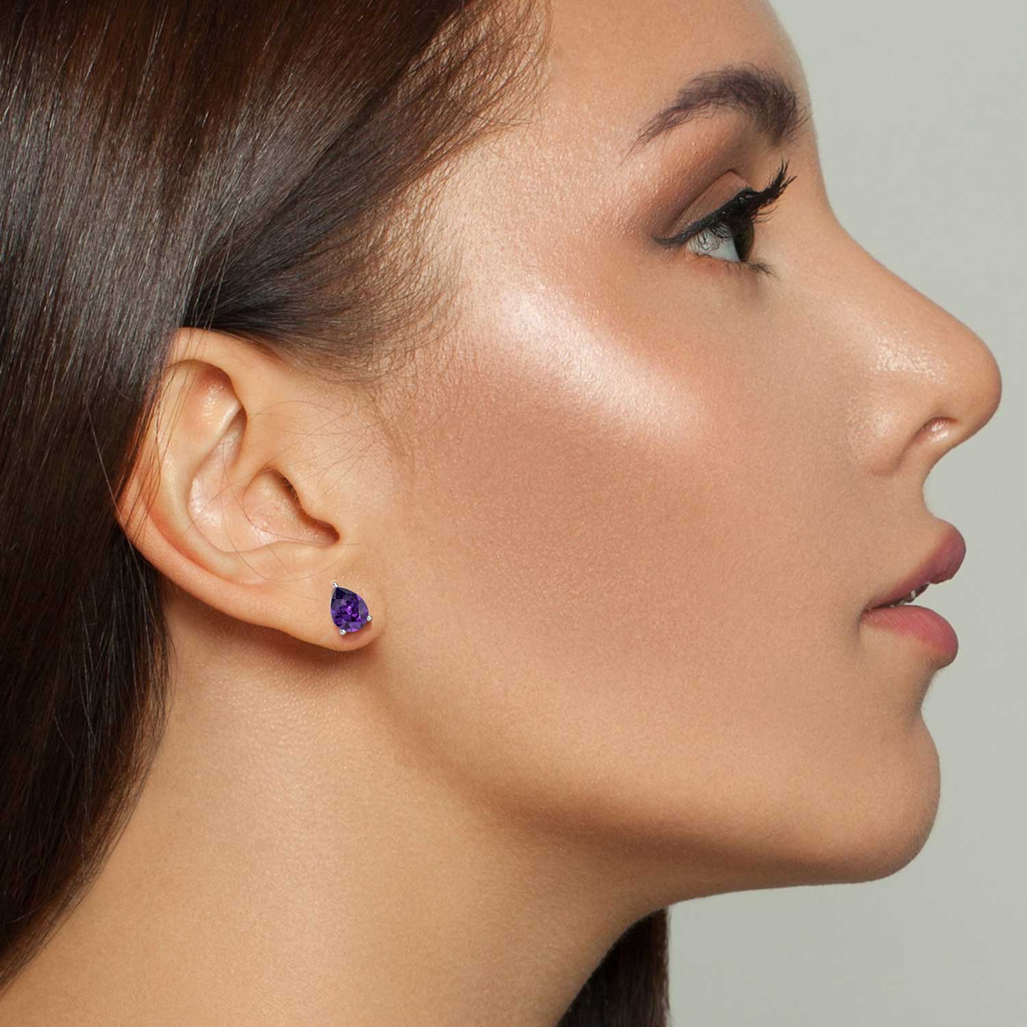 teardrop amethyst earrings on model