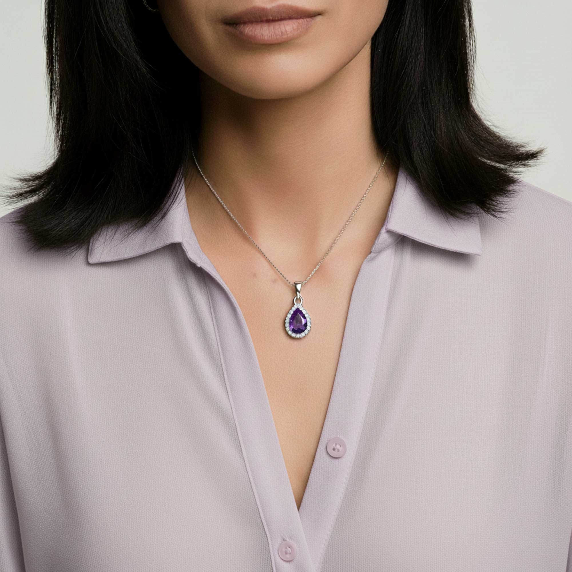 Pear Amethyst Pendant with Moissanite Halo | Irosk