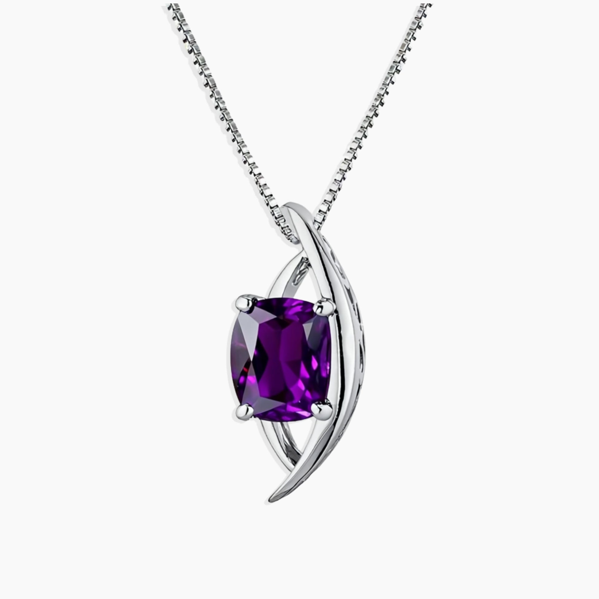 Purple gemstone pendant on a silver chain against a white background