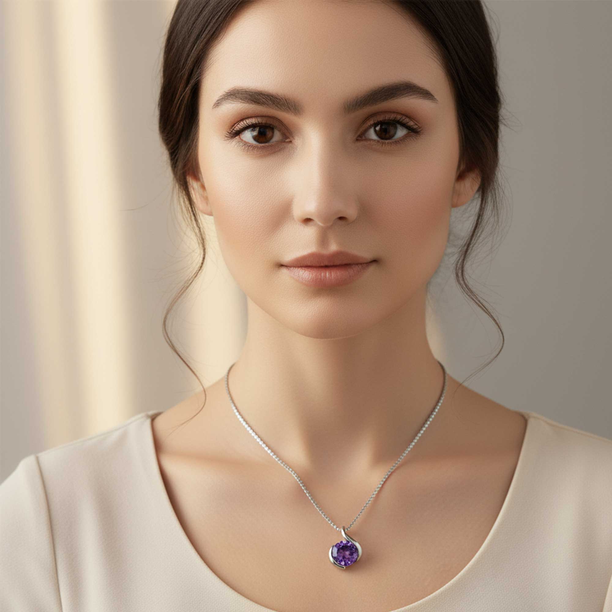 Amethyst Semi Bezel Pendant Necklace in Sterling Silver | Irosk ®