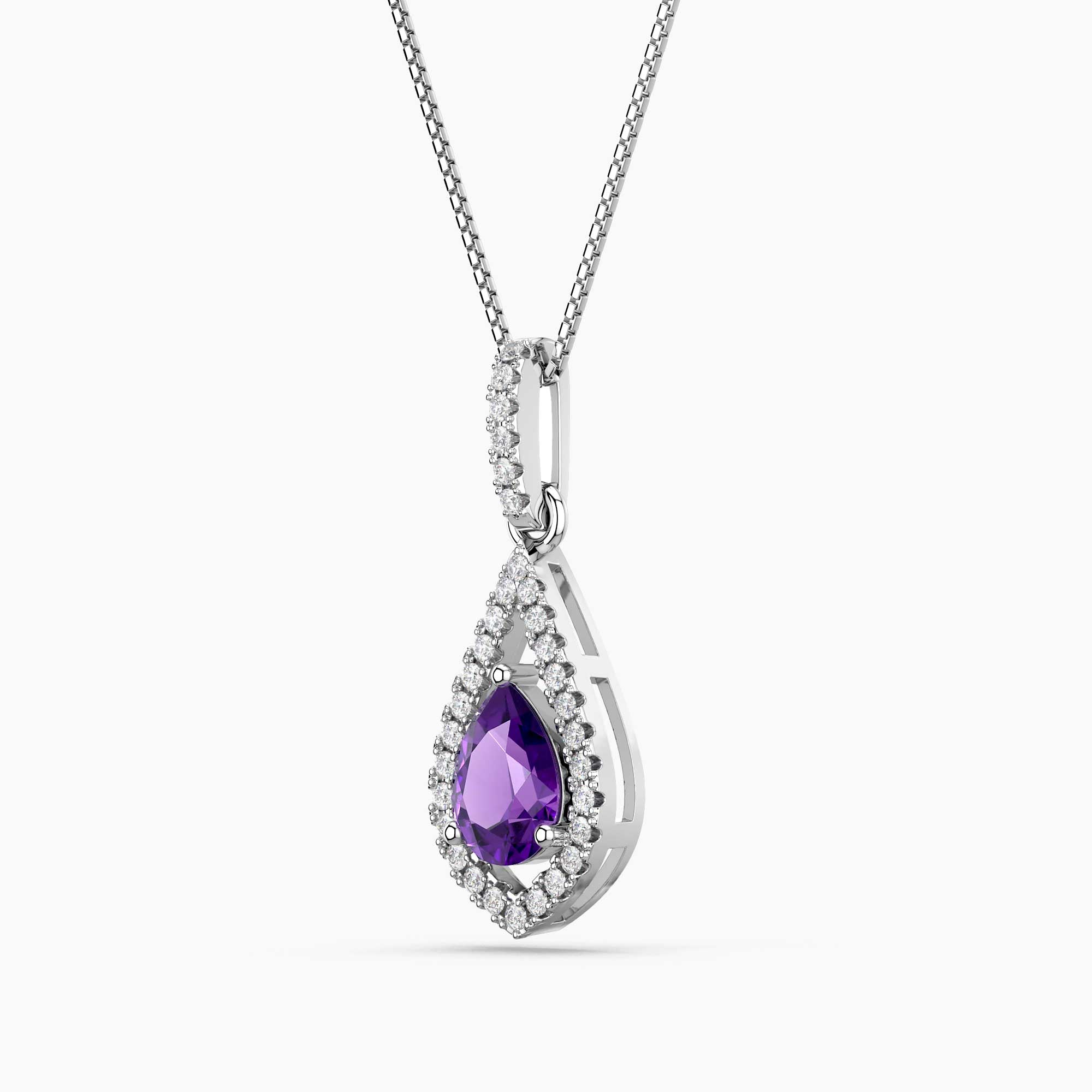 Teardrop-shaped purple gemstone pendant on a chain against a white background