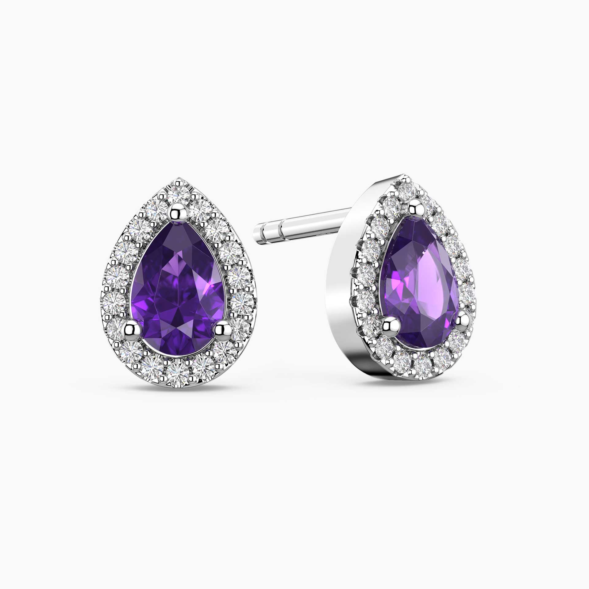 Pear Amethyst Halo Stud Earrings | Sterling Silver
