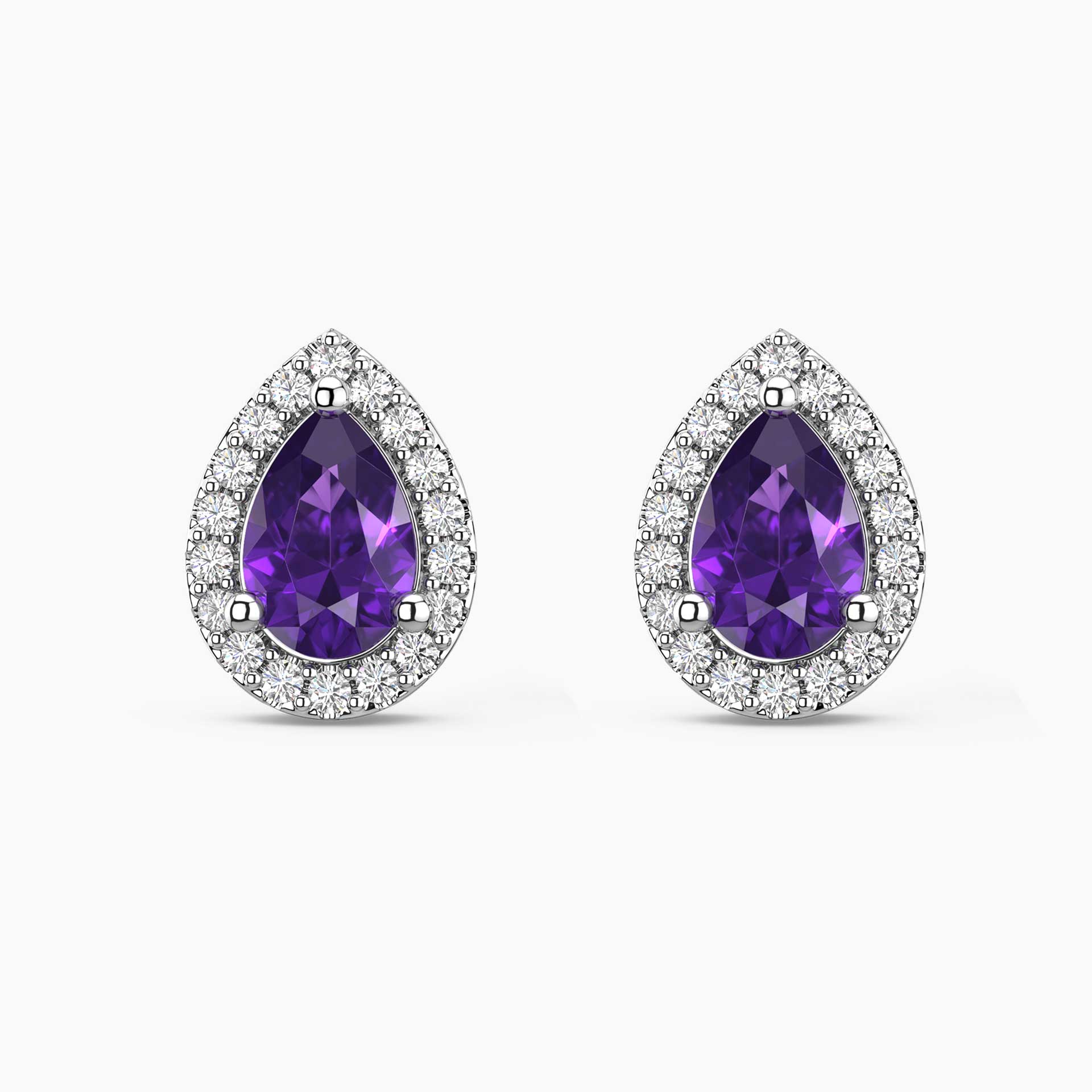 Pear Amethyst Halo Stud Earrings | Sterling Silver