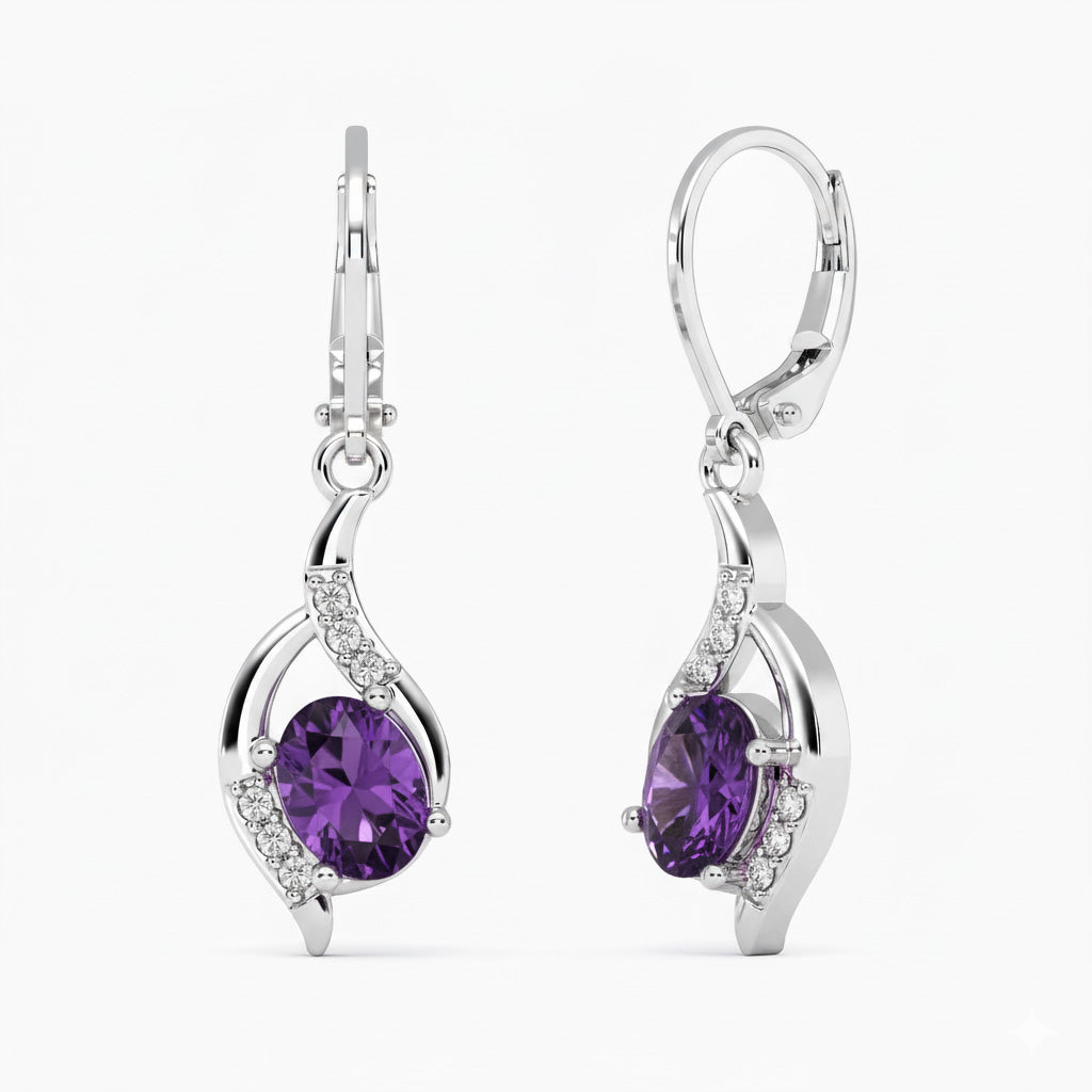 Silver earrings with purple amethyst gemstones on a white background