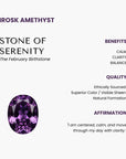 Irosk Amethyst – Stone of Serenity infographic. Features a faceted oval purple amethyst gemstone at the bottom left. Text highlights benefits (calm, clarity, balance), quality (ethically sourced, superior color with visible sheen, natural formation), and affirmation: ‘I am centered, calm, and move through my day with clarity.’ Title notes Amethyst as the February birthstone.
