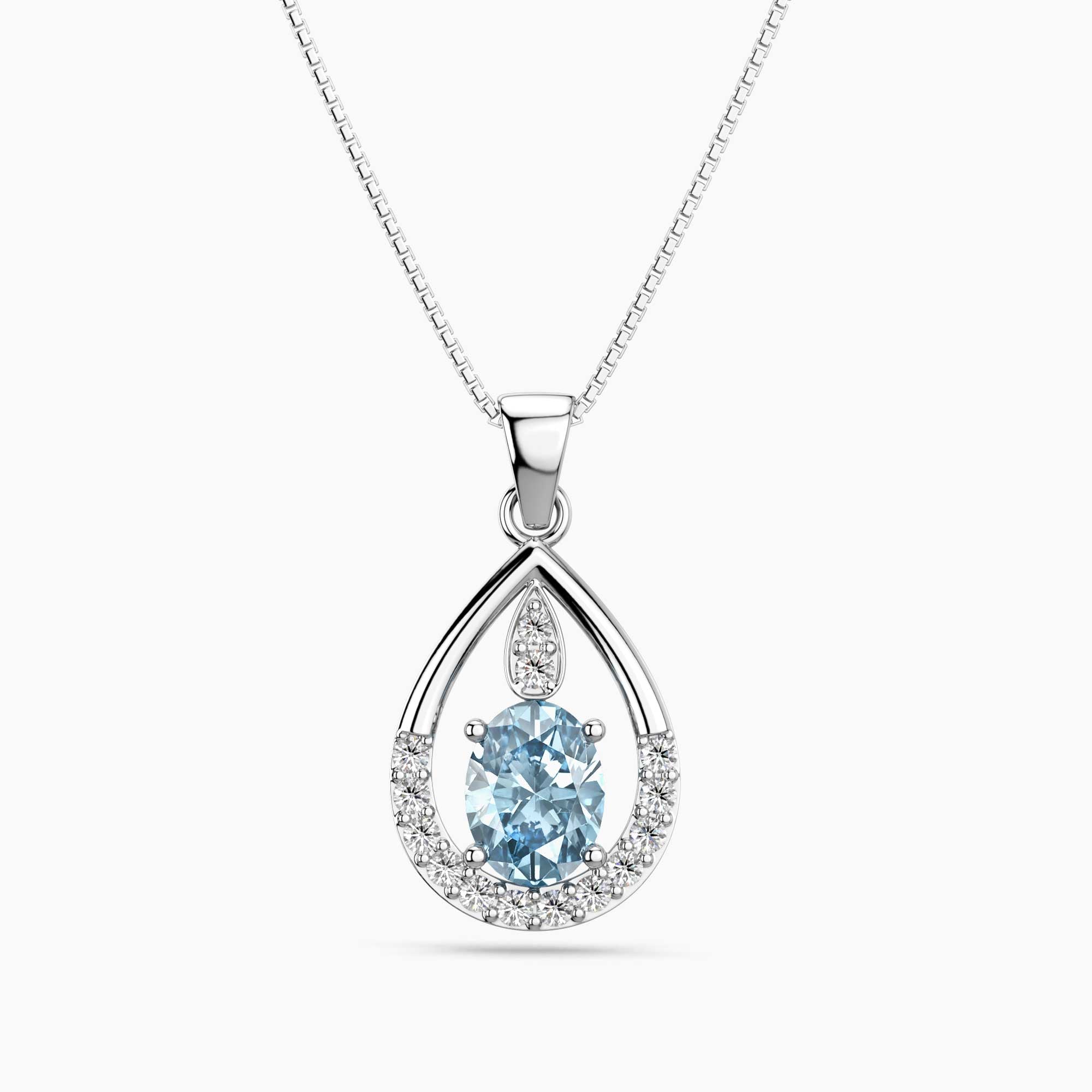 Aquamarine Teardrop Halo Pendant Necklace in Sterling Silver – March Birthstone | Irosk ®