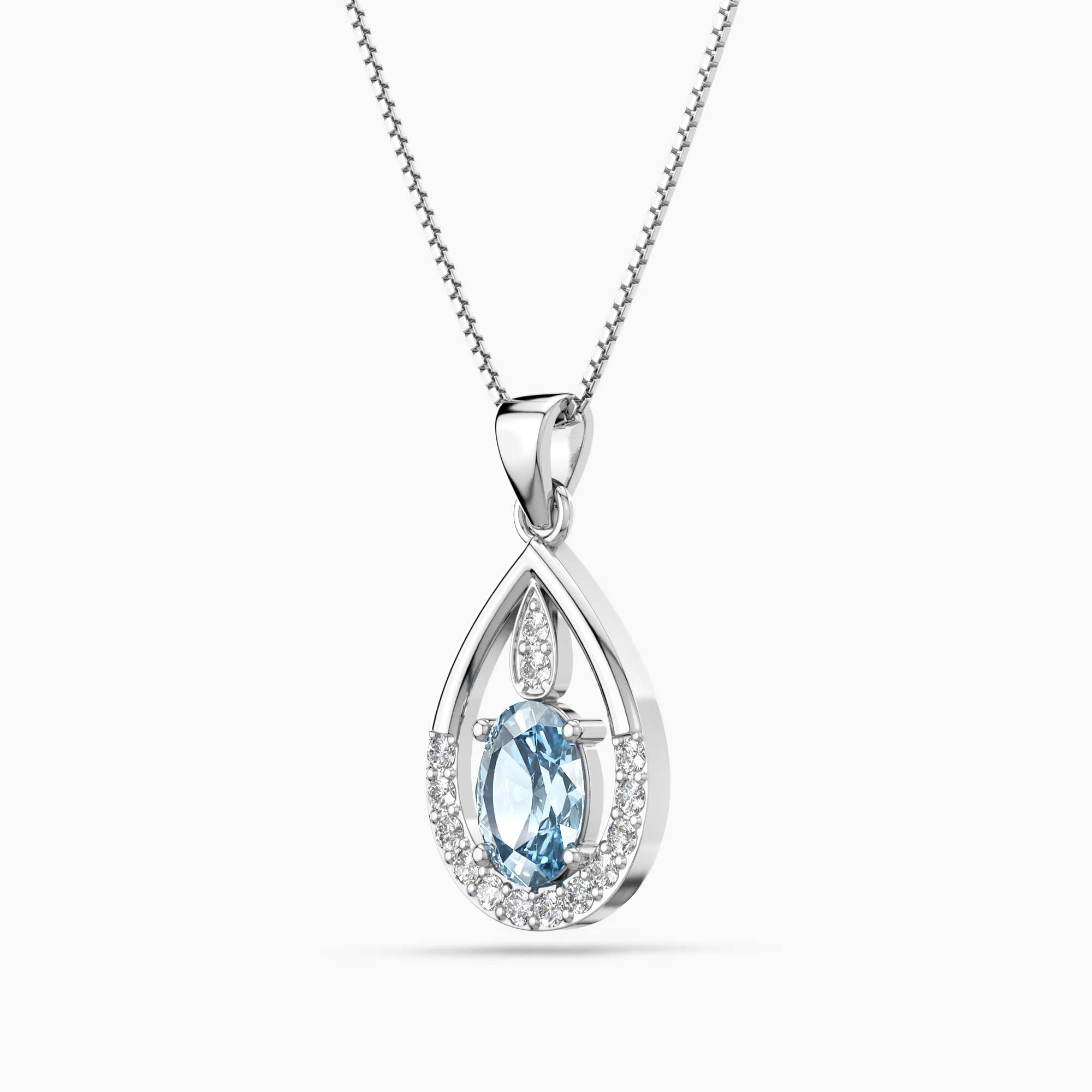 Aquamarine Teardrop Halo Pendant Necklace in Sterling Silver – March Birthstone | Irosk ®