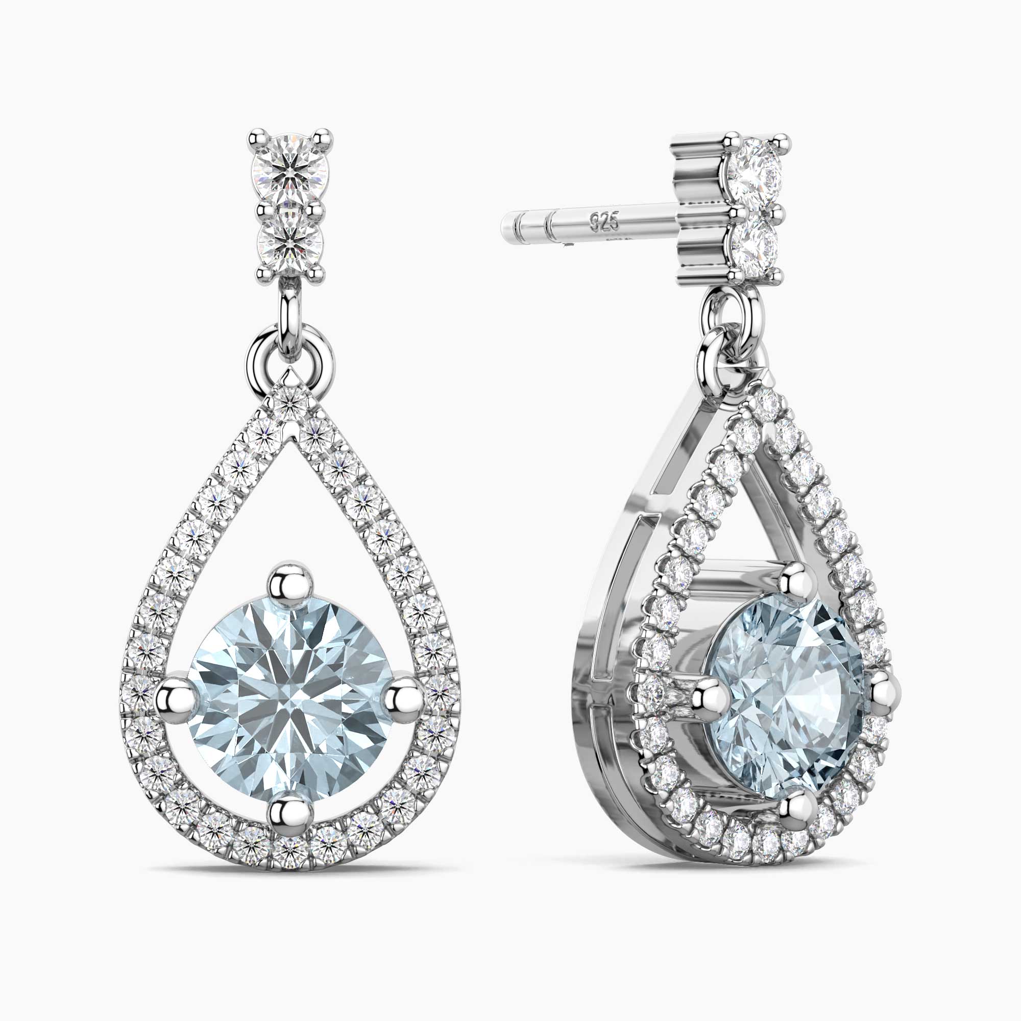 Aquamarine Halo Drop Earrings in Sterling Silver – March Birthstone