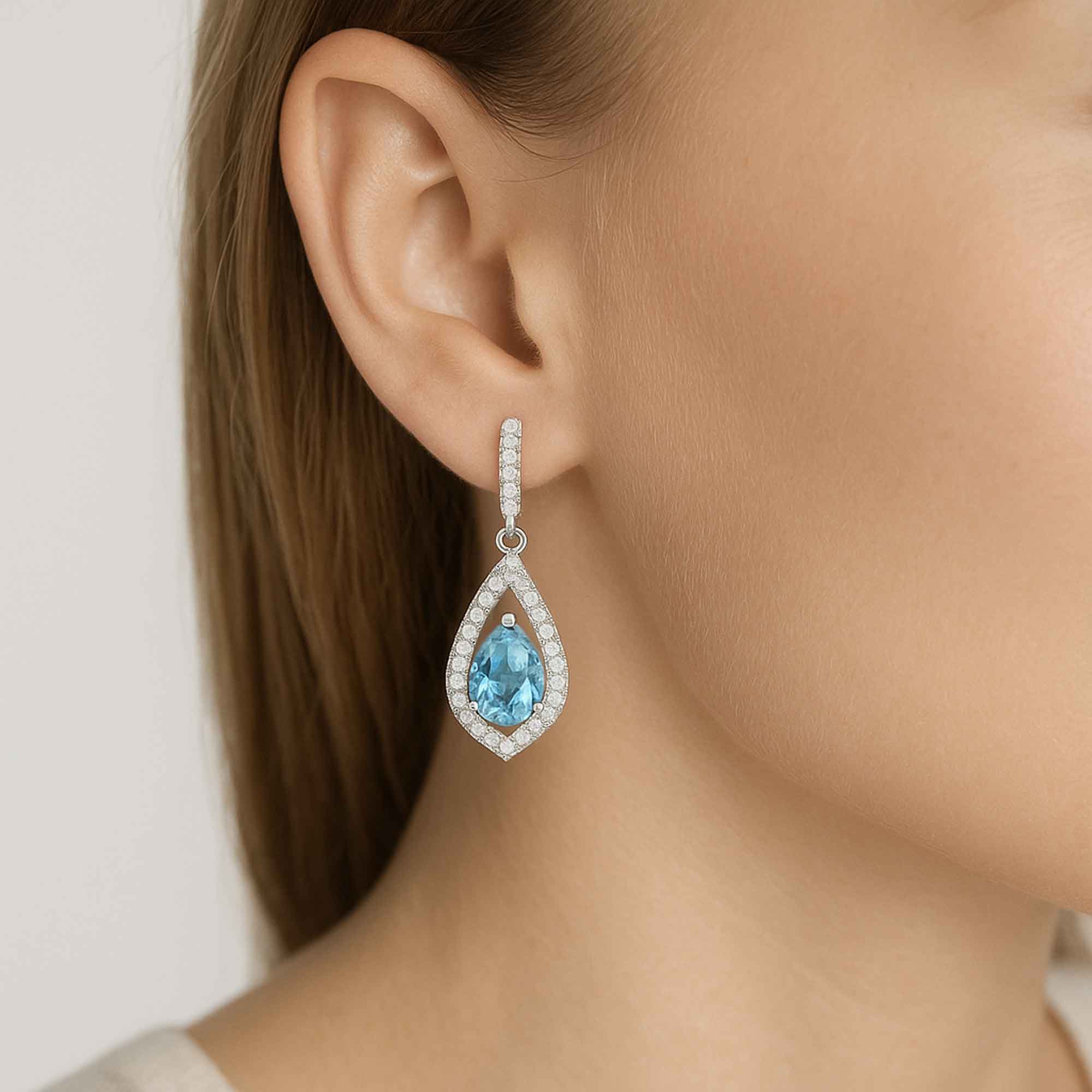 Pear Aquamarine Halo Drop Earrings in Sterling Silver | Irosk
