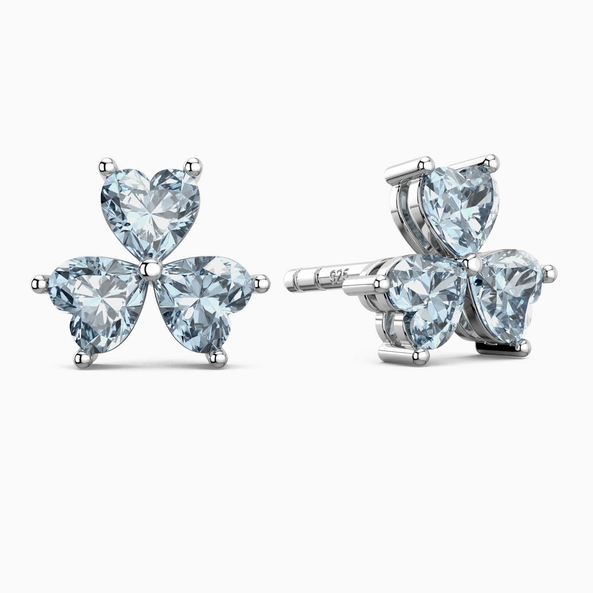 Aquamarine Trio Heart Flower Stud Earrings in Sterling Silver | Irosk Australia