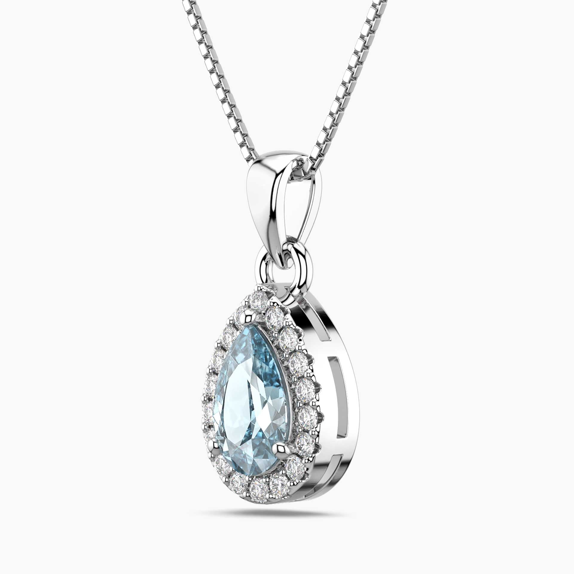 Pear Aquamarine Halo Pendant Necklace in Sterling Silver | Irosk
