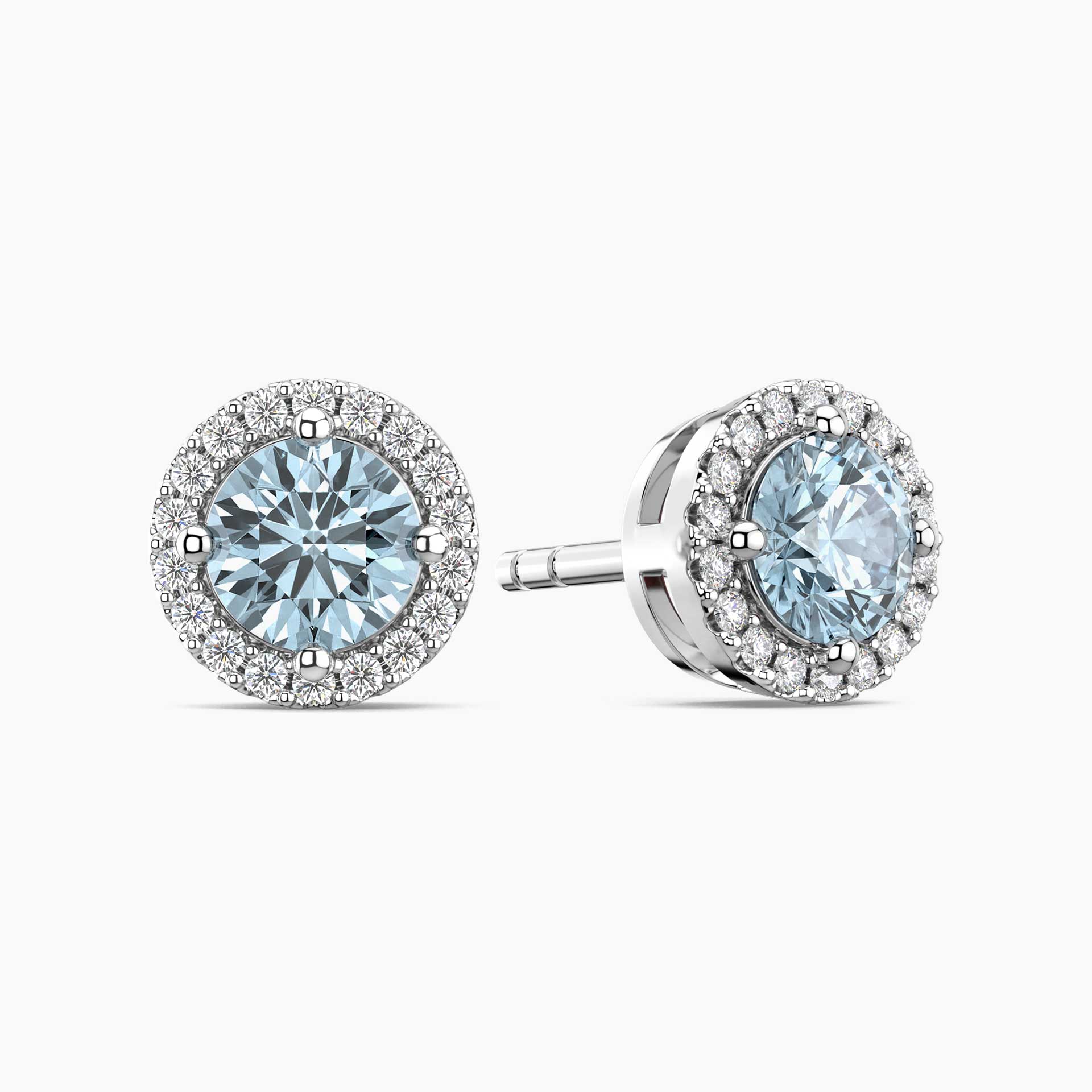 Round Aquamarine Halo Stud Earrings in Sterling Silver | Irosk