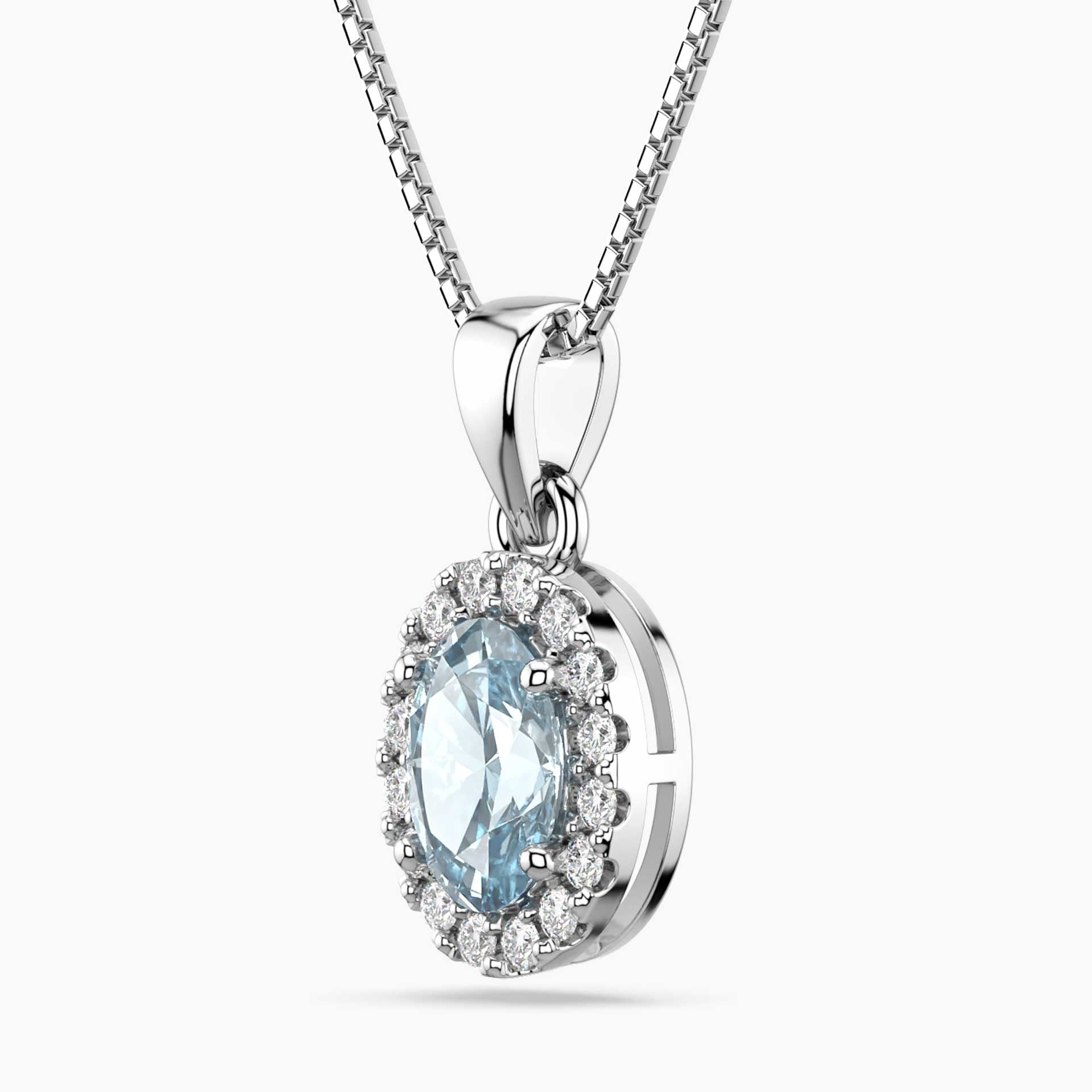 Oval Aquamarine Halo Pendant Necklace – Sterling Silver Birthstone Jewellery | Irosk