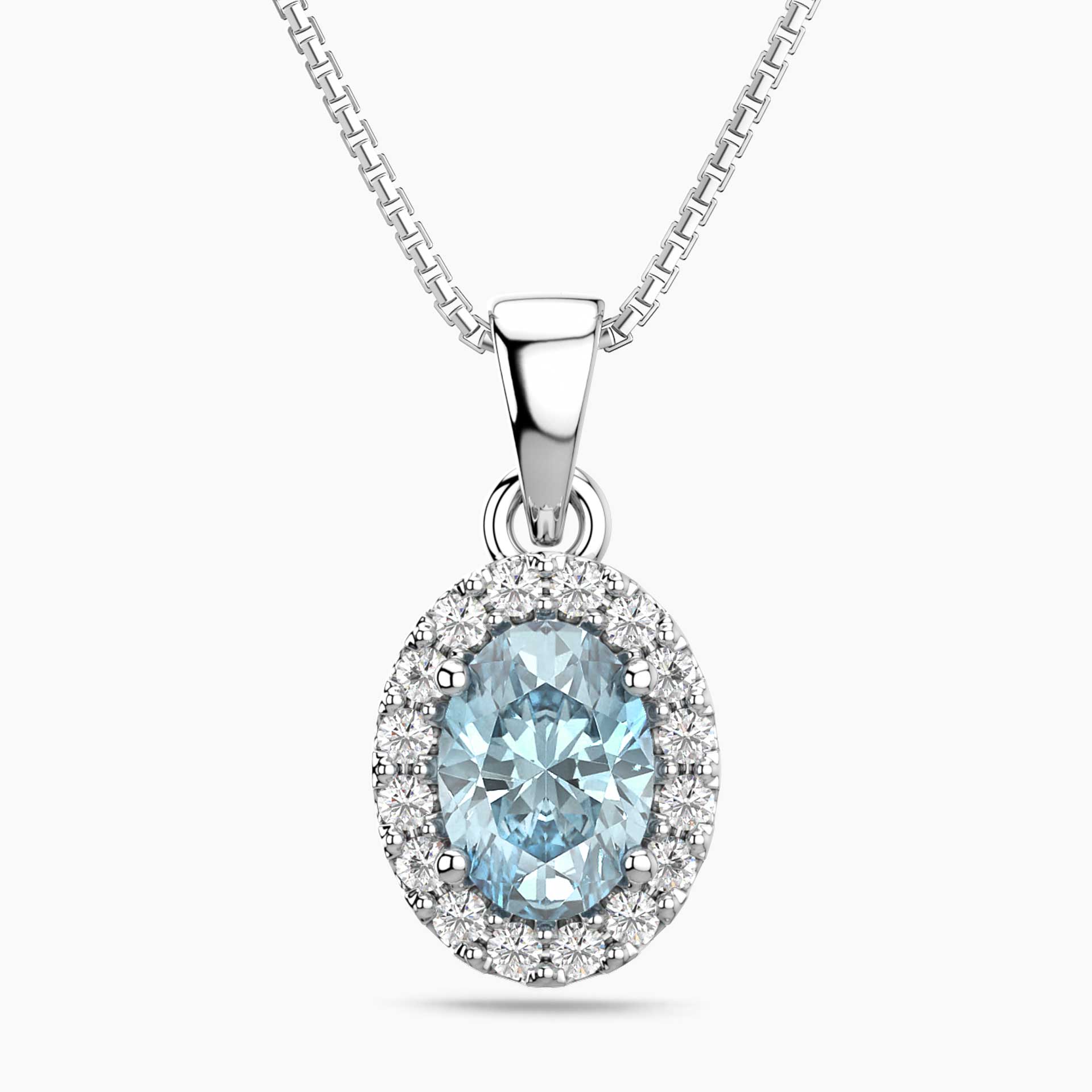 Oval Aquamarine Halo Pendant Necklace – Sterling Silver Birthstone Jewellery | Irosk