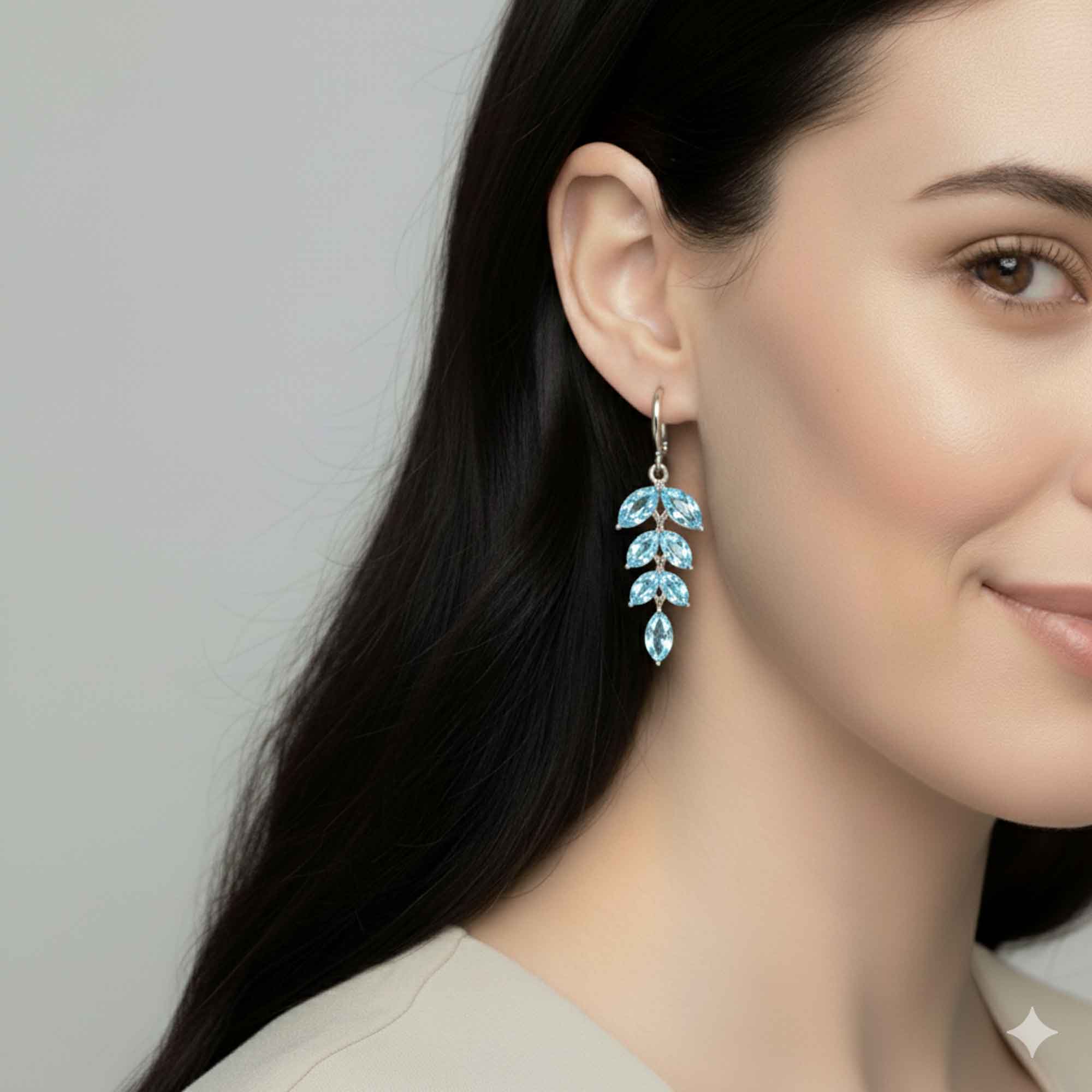 Aquamarine Leaf Drop Earrings in Sterling Silver | Irosk