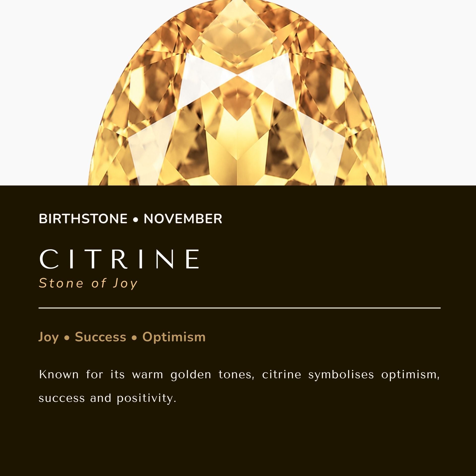 A graphic card featuring a large faceted citrine gemstone at the top and text below on a dark brown background. The text identifies the stone as Citrine, a November birthstone, and describes its golden color symbolism.