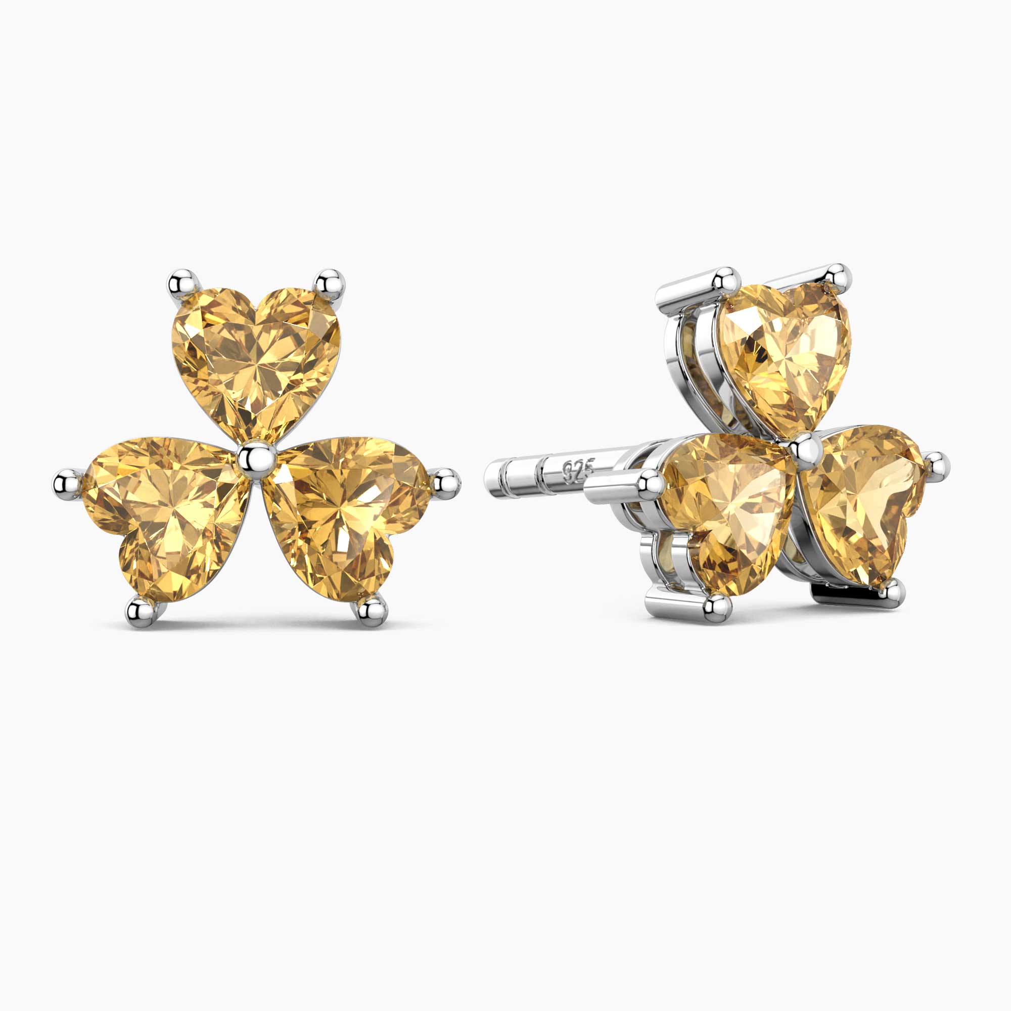 Citrine Heart Flower Stud Earrings in Sterling Silver | Irosk