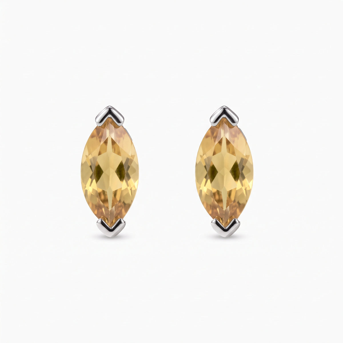Marquise citrine stud earrings in sterling silver, golden yellow stones in V-prong settings