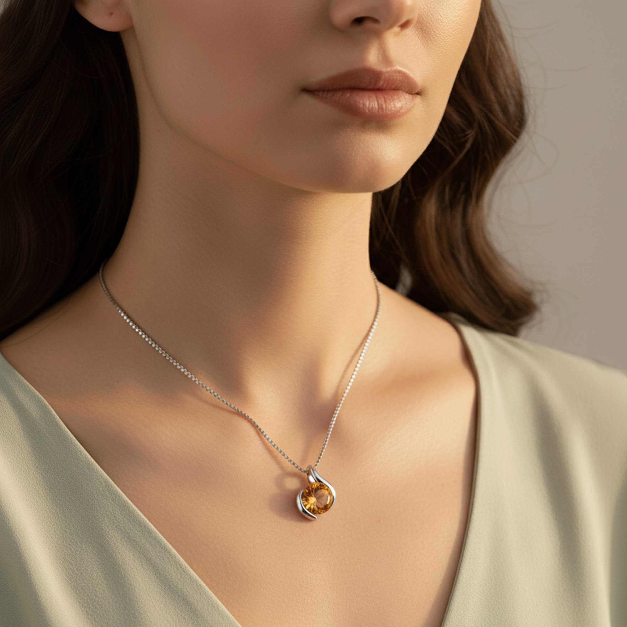 Citrine Semi Bezel Pendant Necklace in Sterling Silver | Irosk