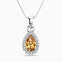 Teardrop-shaped pendant with a yellow citrine gemstone and diamond accents on a white background