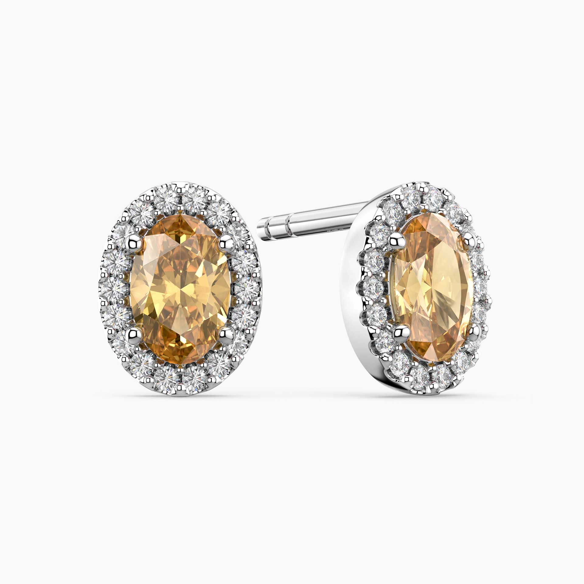 Oval Citrine Stud Earrings with Moissanite Halo – Sterling Silver Birthstone Earrings