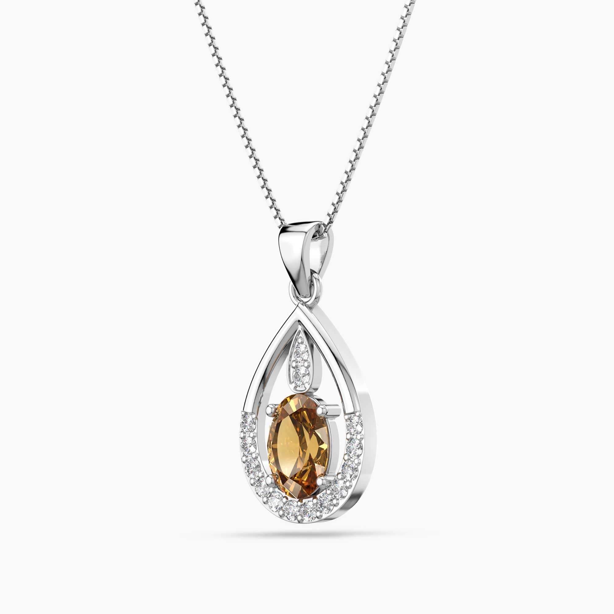 Citrine Teardrop Halo Pendant Necklace – Elegant November Birthstone