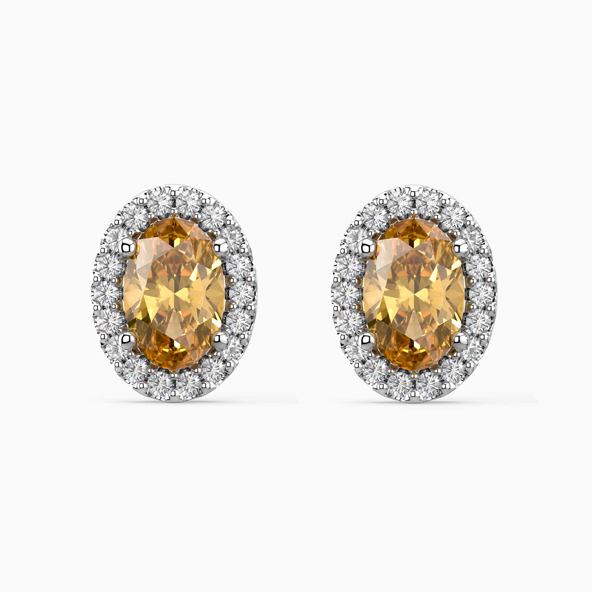 Oval Citrine Stud Earrings with Moissanite Halo – Sterling Silver Birthstone Earrings
