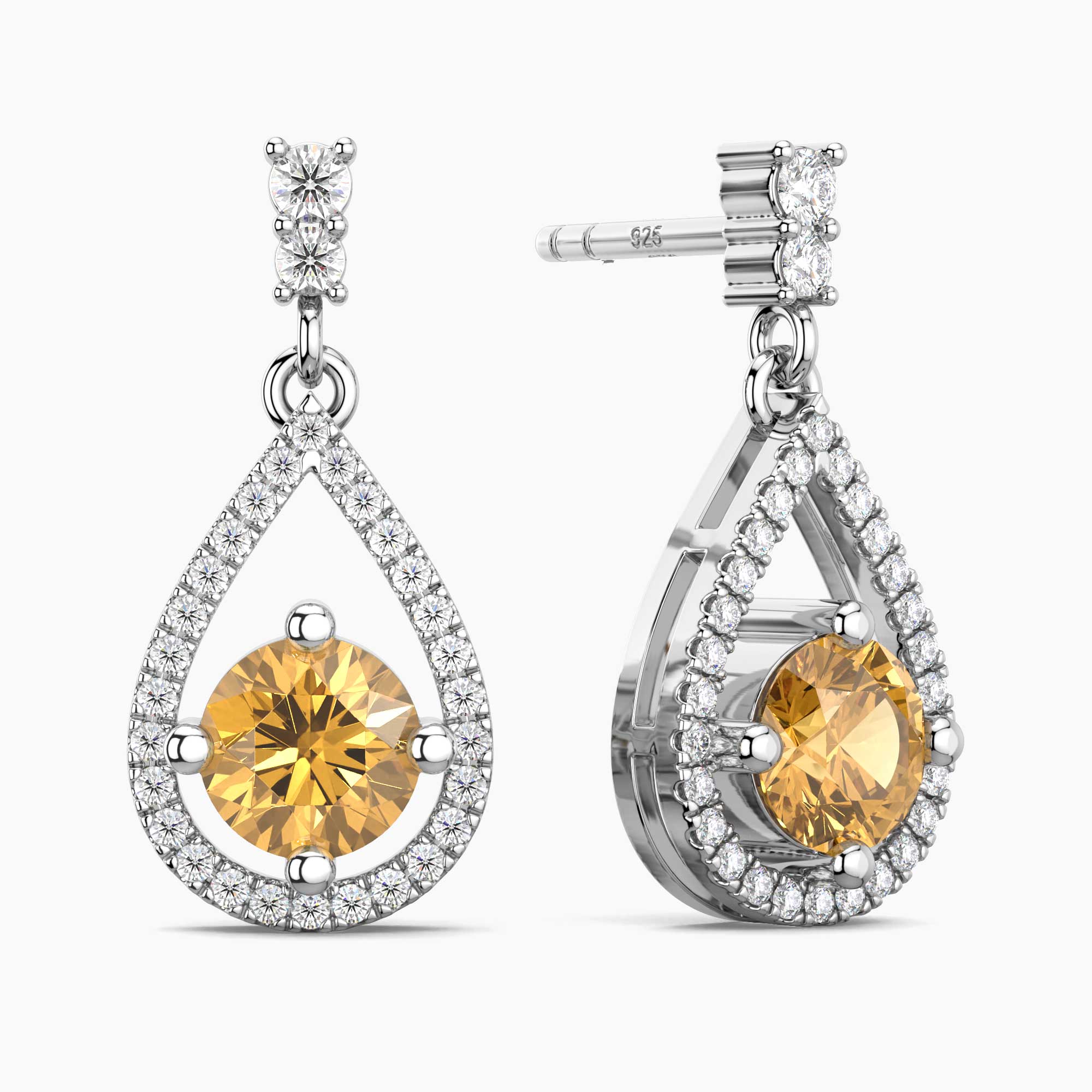 Citrine Halo Drop Earrings in Sterling Silver – November Birthstone