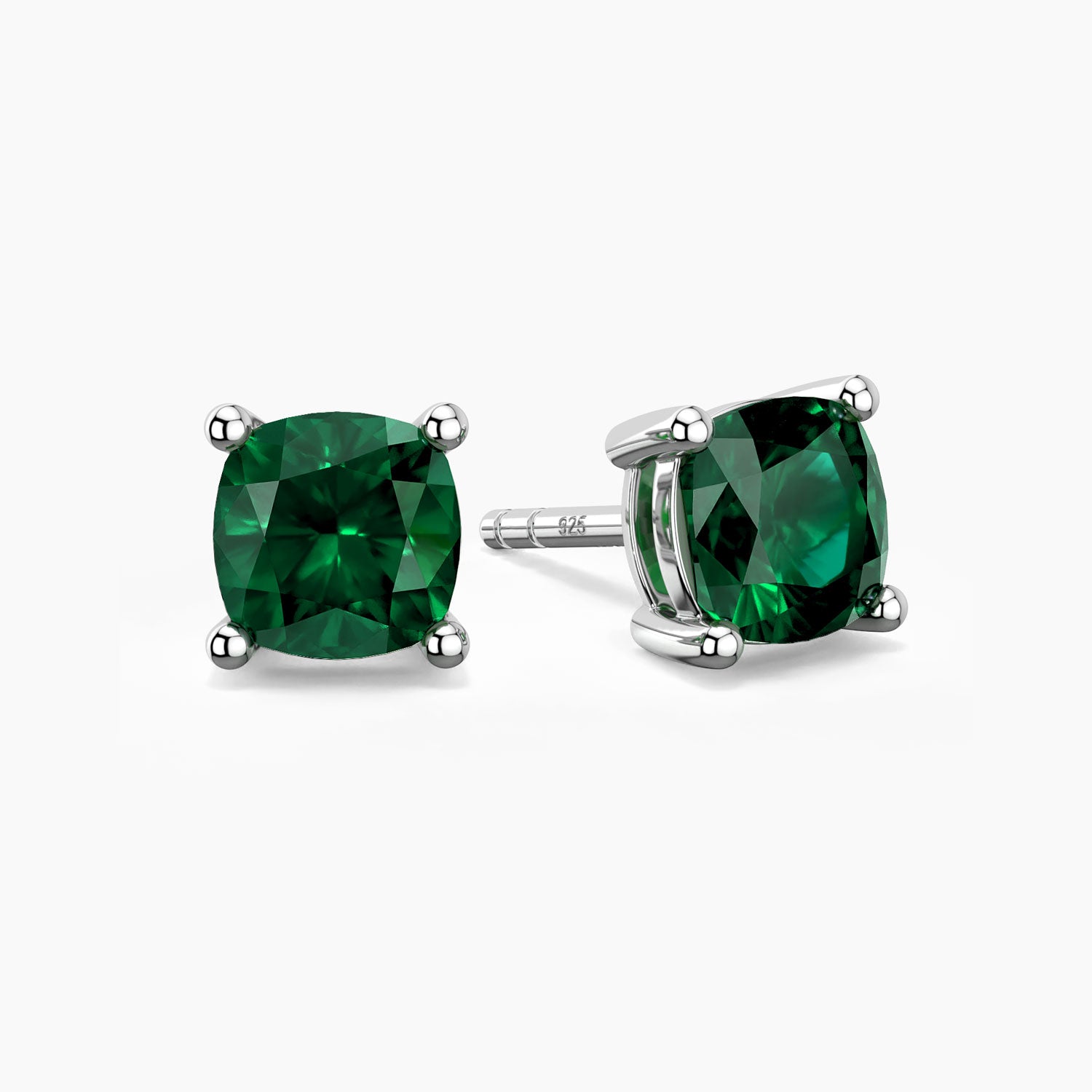 Cushion-Cut Emerald Stud Earrings - 925 Sterling Silver