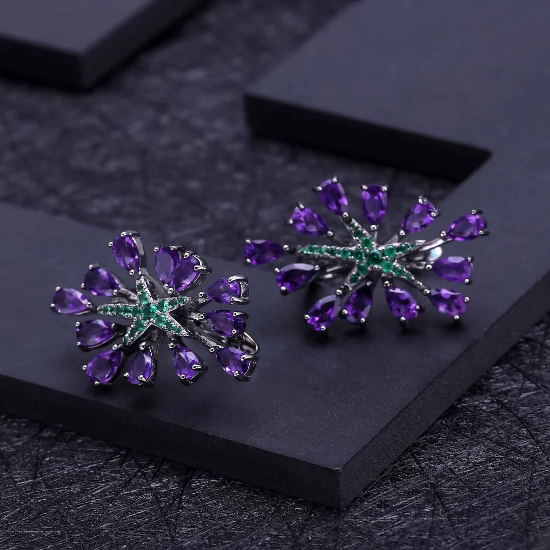 Amethyst & Lab Emerald Burst Earrings in Gun Metal Color | 925 Silver