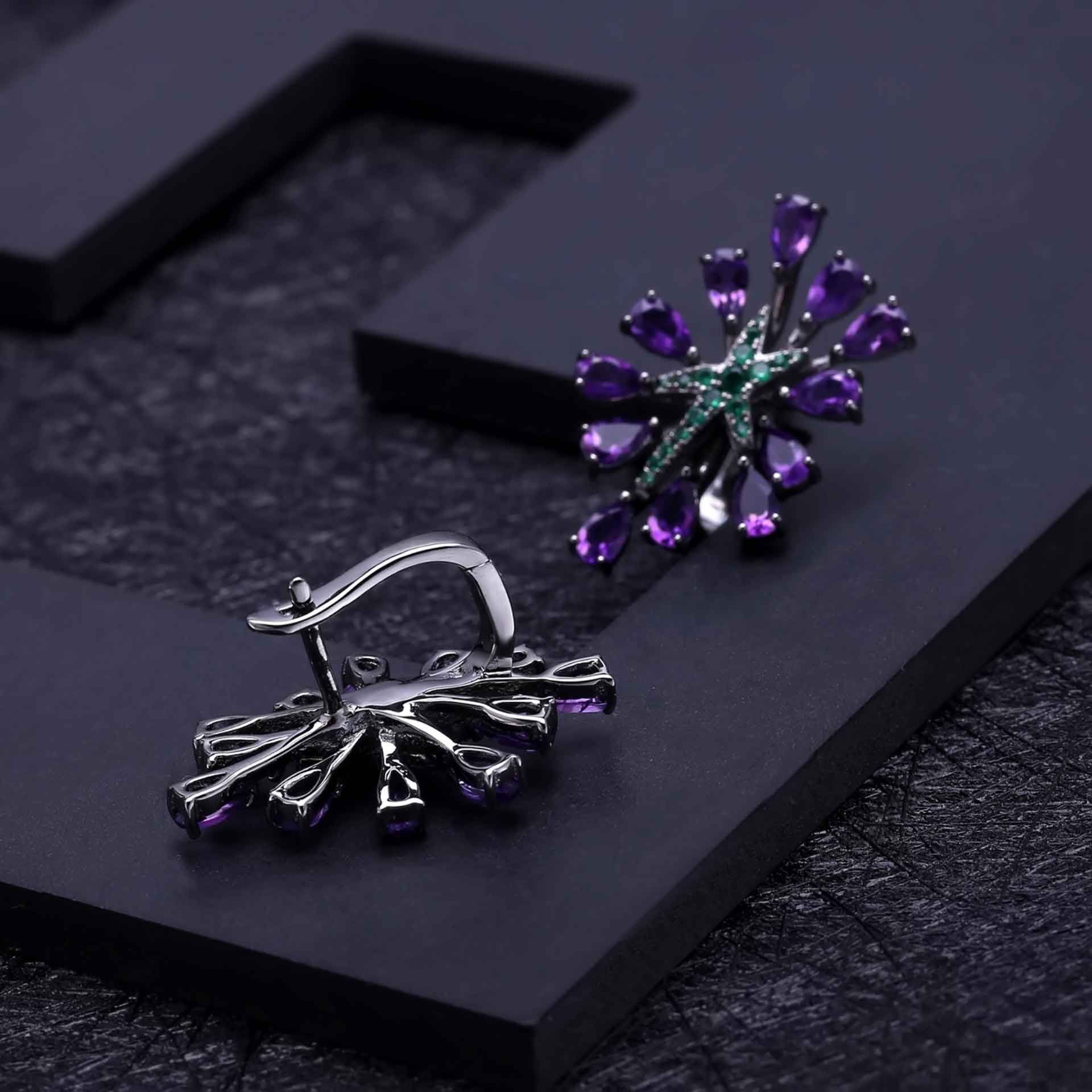 Amethyst & Lab Emerald Burst Earrings in Gun Metal Color | 925 Silver
