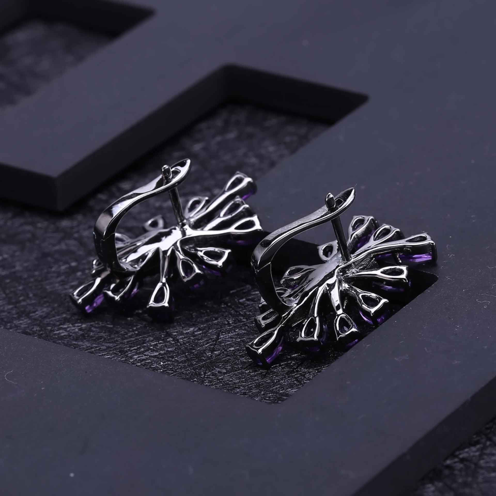 Amethyst & Lab Emerald Burst Earrings in Gun Metal Color | 925 Silver