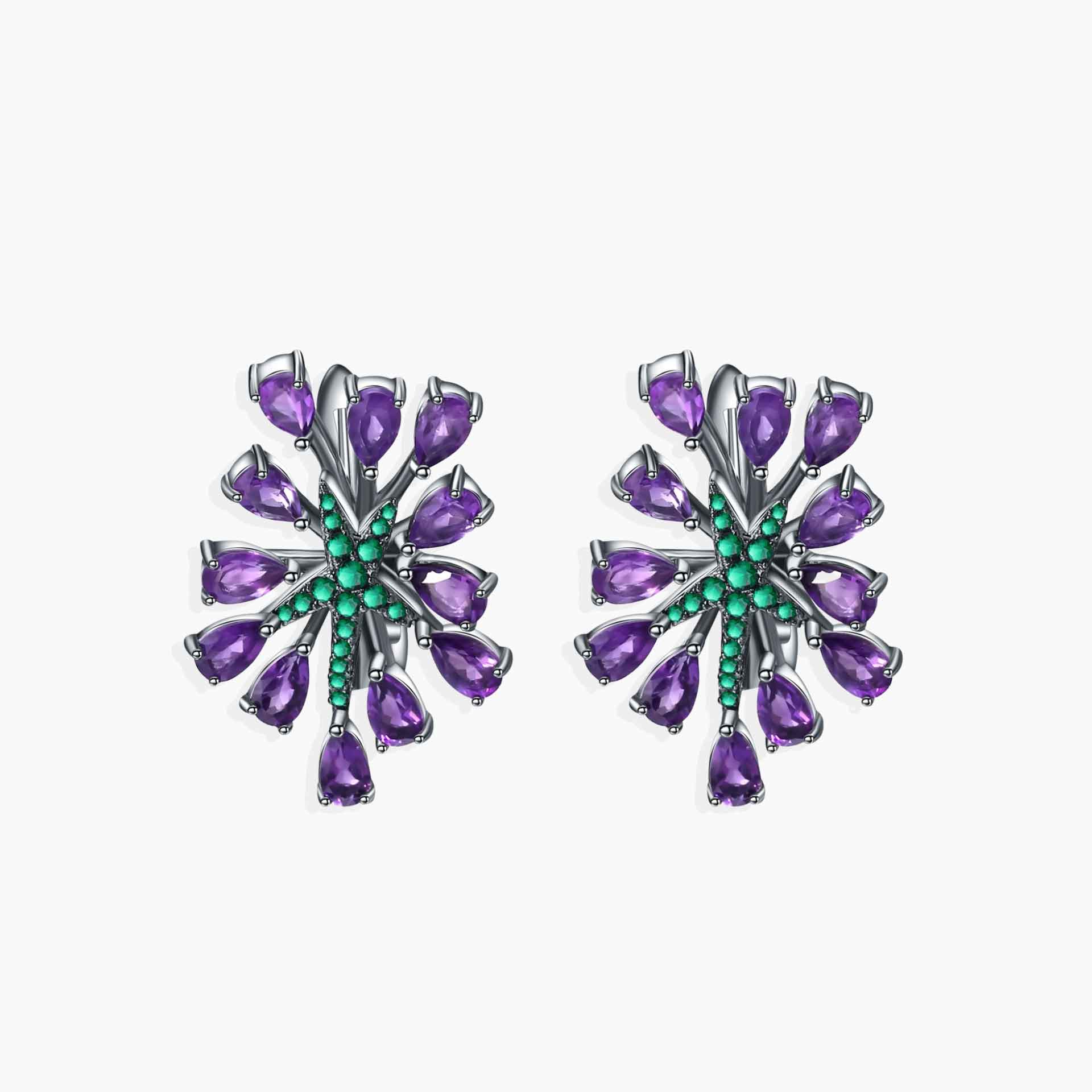 Amethyst & Lab Emerald Burst Earrings in Gun Metal Color | 925 Silver