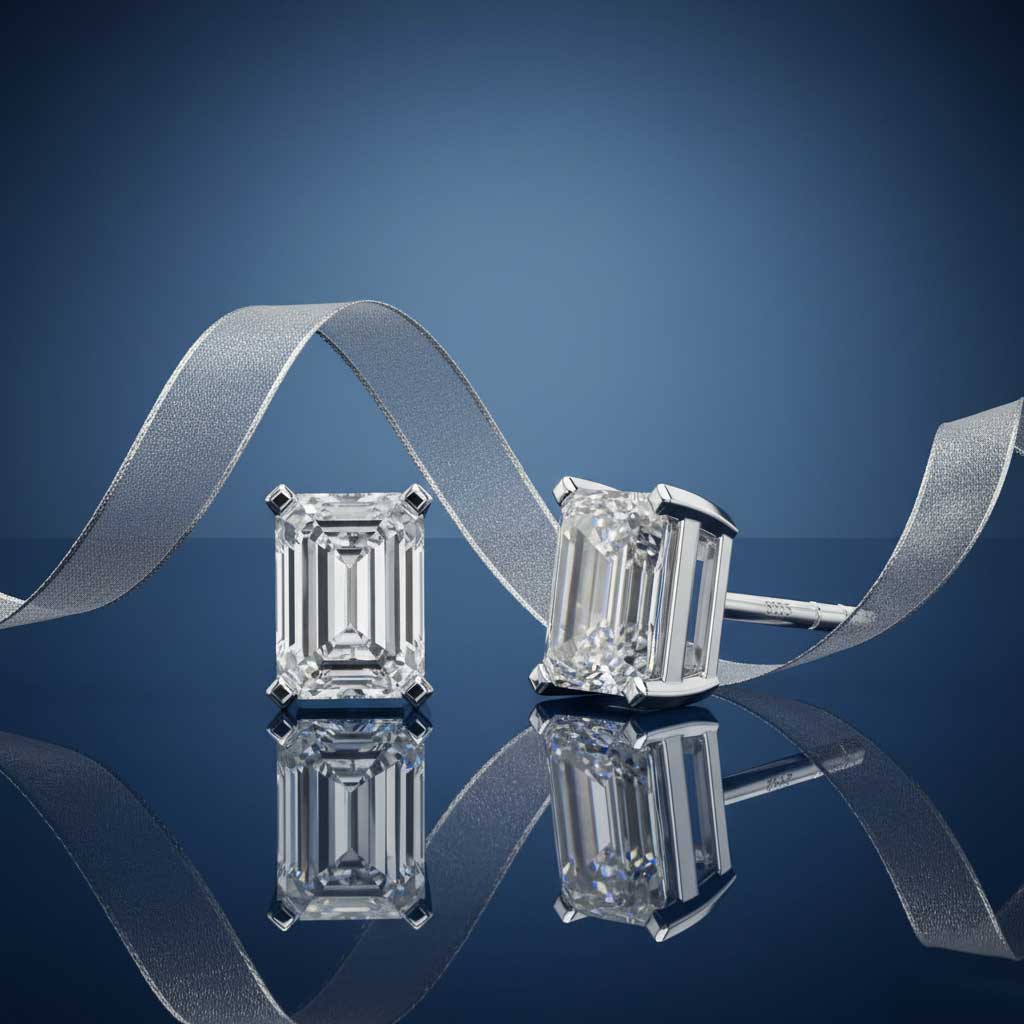 Diamond earrings with a silver ribbon on a reflective surface
