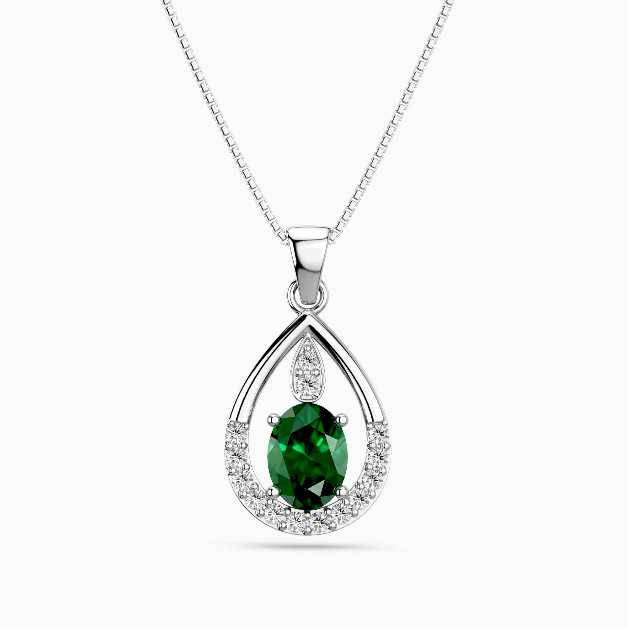 Emerald Teardrop Halo Pendant Necklace in Sterling Silver – May Birthstone | Irosk