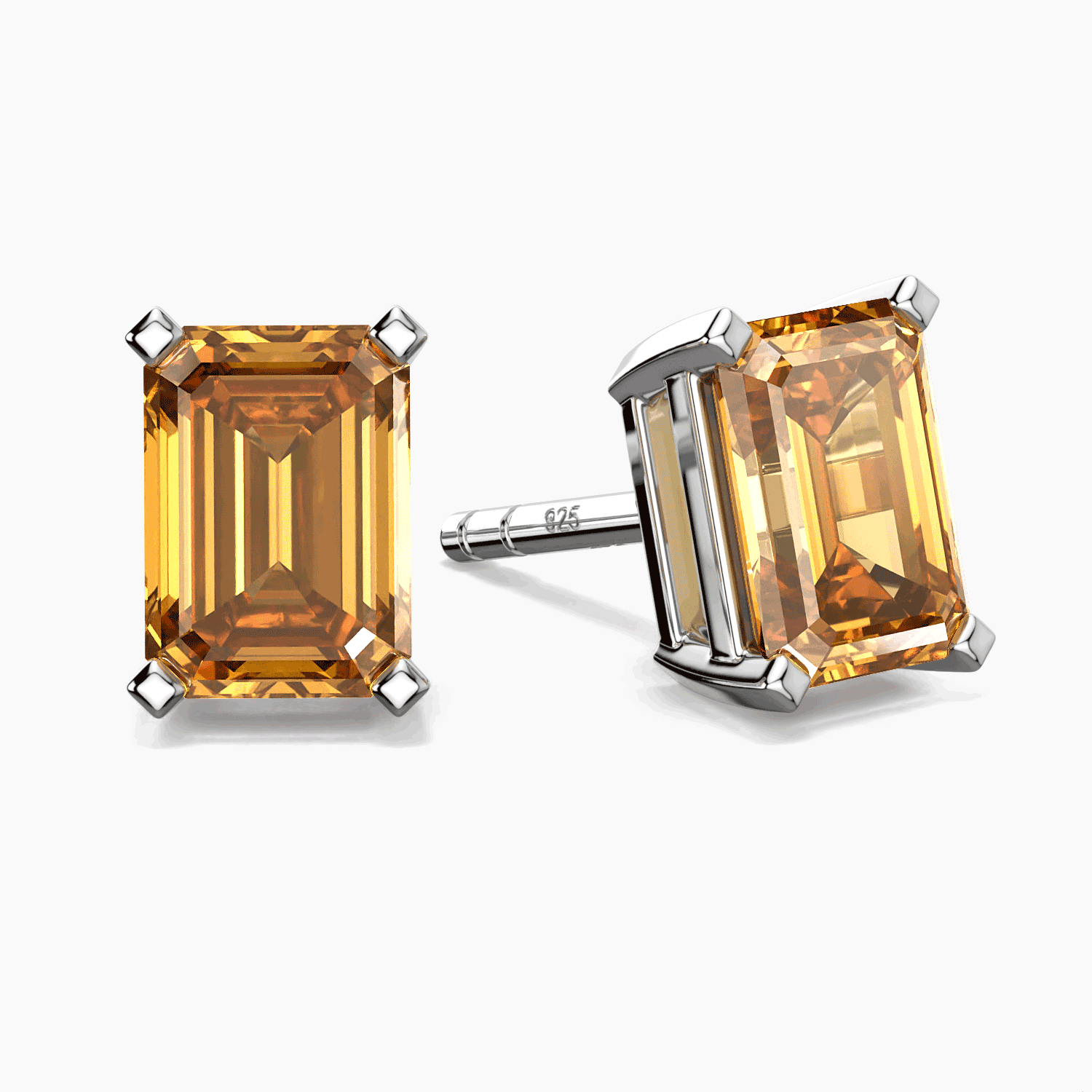 Emerald-Cut Citrine Stud Earrings in Sterling Silver | Irosk ®