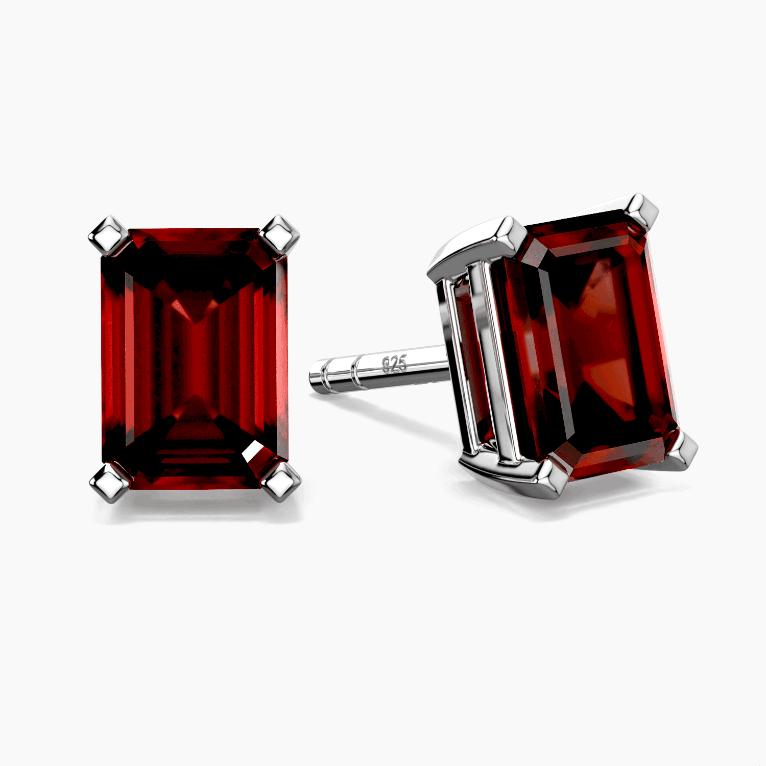 Emerald Cut Garnet Stud Earrings in Sterling Silver | Irosk ®