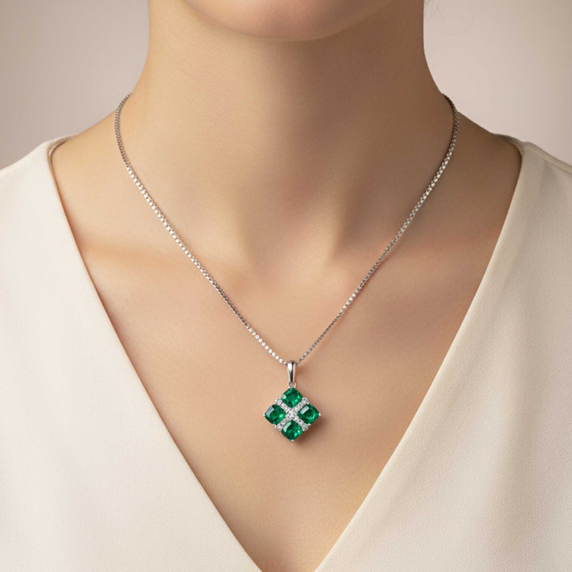 Emerald Cluster Pendant in Rhodium-Plated Sterling Silver