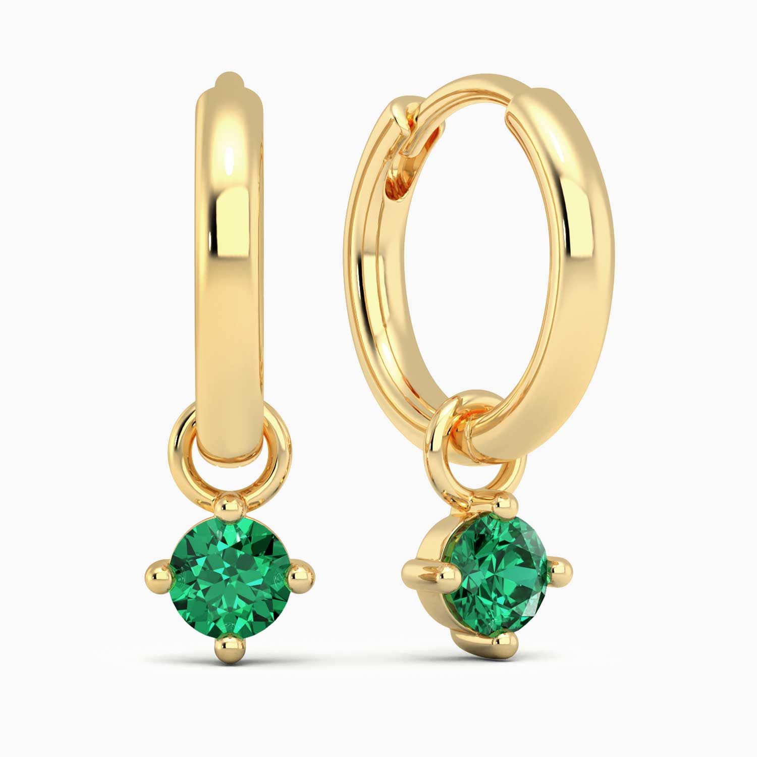 18K gold-plated sterling silver hoop earrings featuring 4 mm lab-created emerald charms, highlighting their May birthstone design.