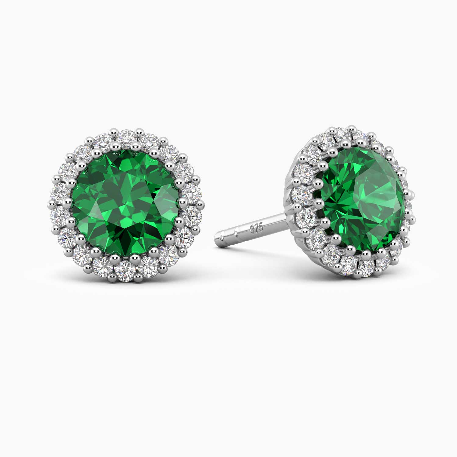 Sterling silver halo stud earrings with a 6 mm lab-created emerald center and a halo of diamond stimulant accents.