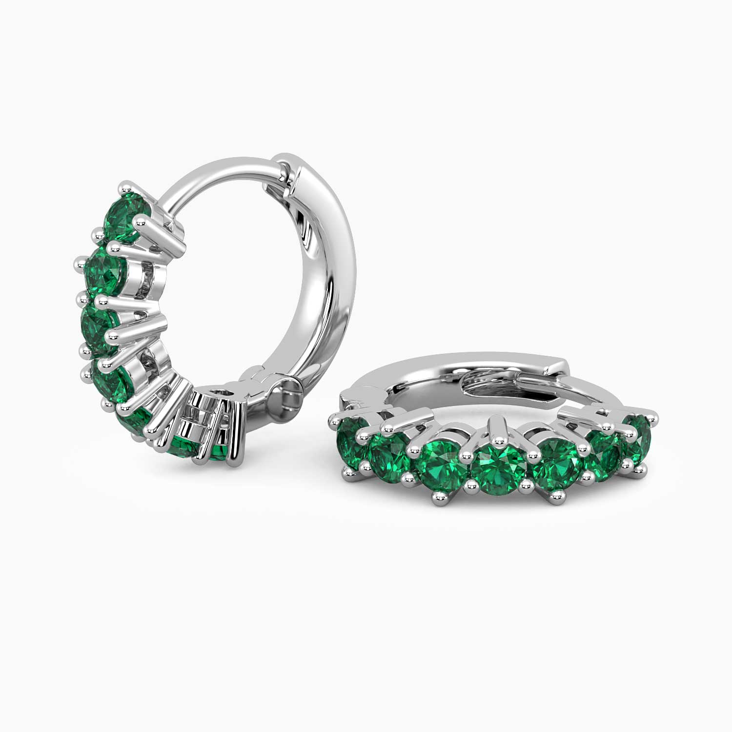 Sterling silver huggie earrings with a row of 2.5 mm round lab-created emeralds, showcasing a 15 mm hoop design.