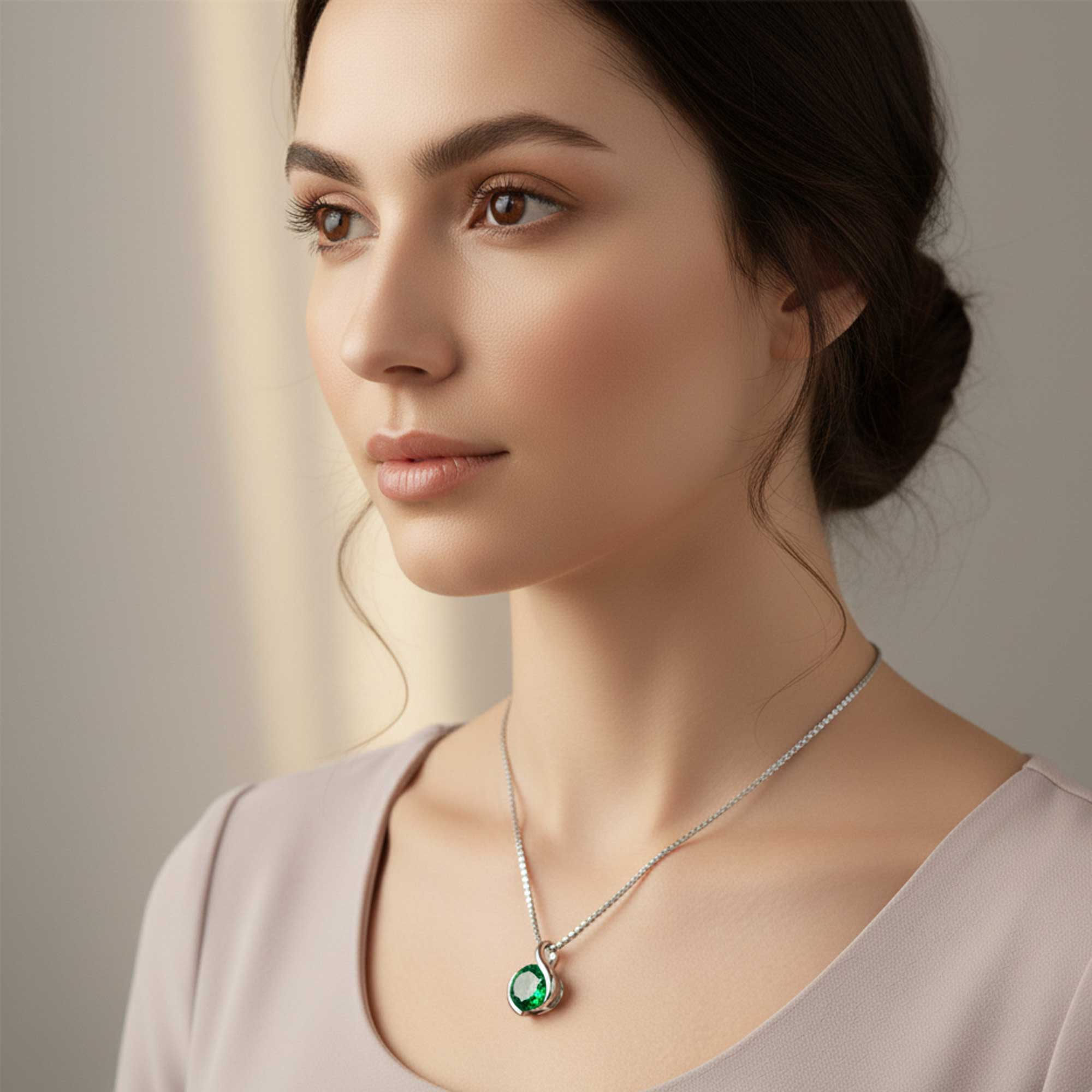 Emerald Semi Bezel Pendant Necklace in Silver | Irosk ®