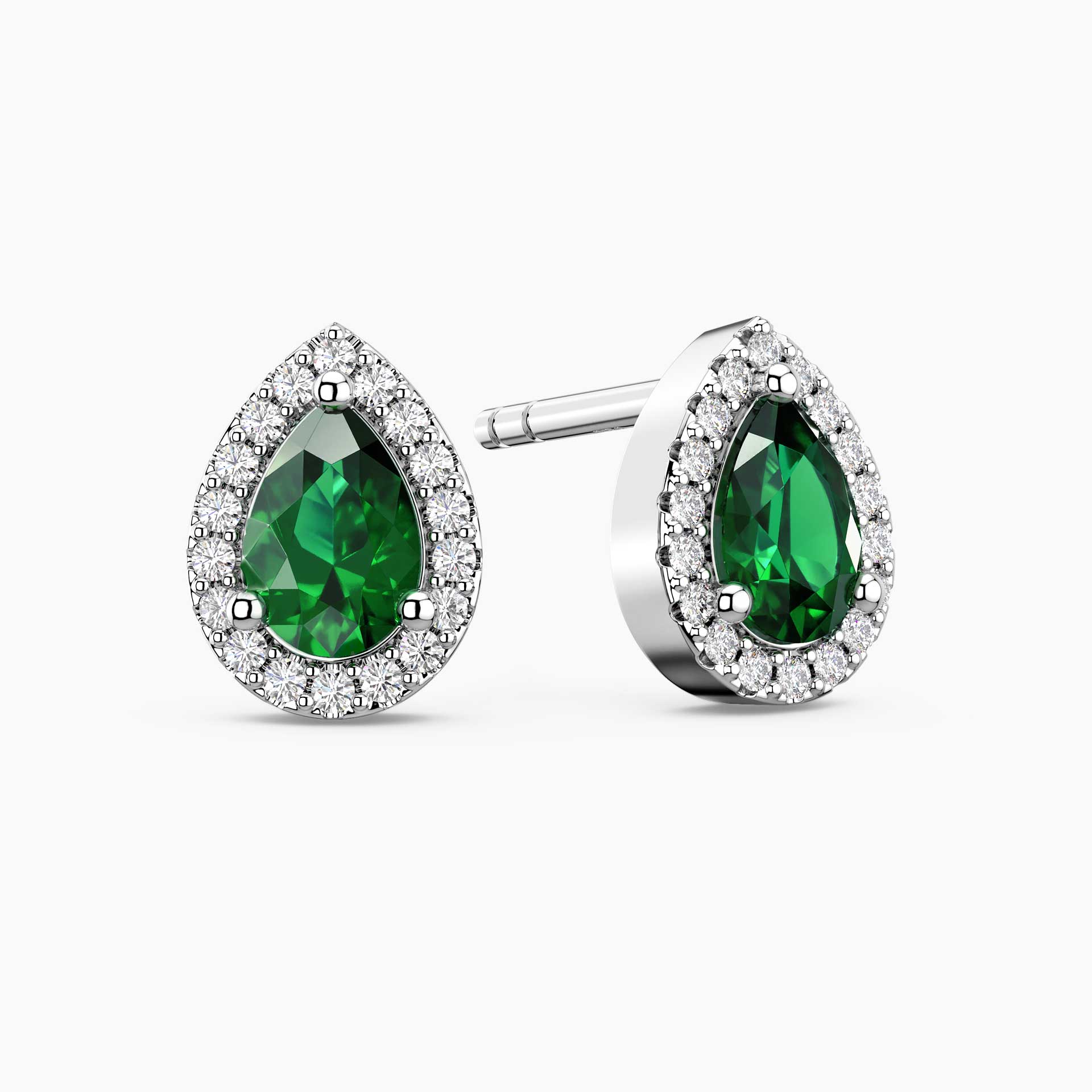 Emerald Pear Halo Stud Earrings in Sterling Silver | Irosk