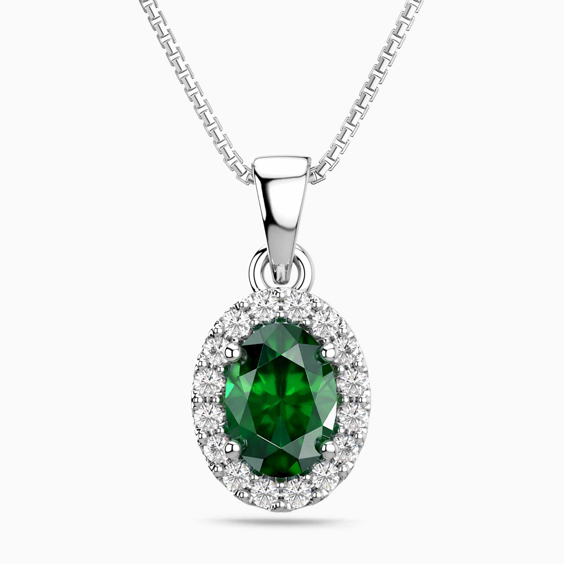 Oval Emerald Halo Pendant Necklace – Sterling Silver Birthstone Jewellery | Irosk