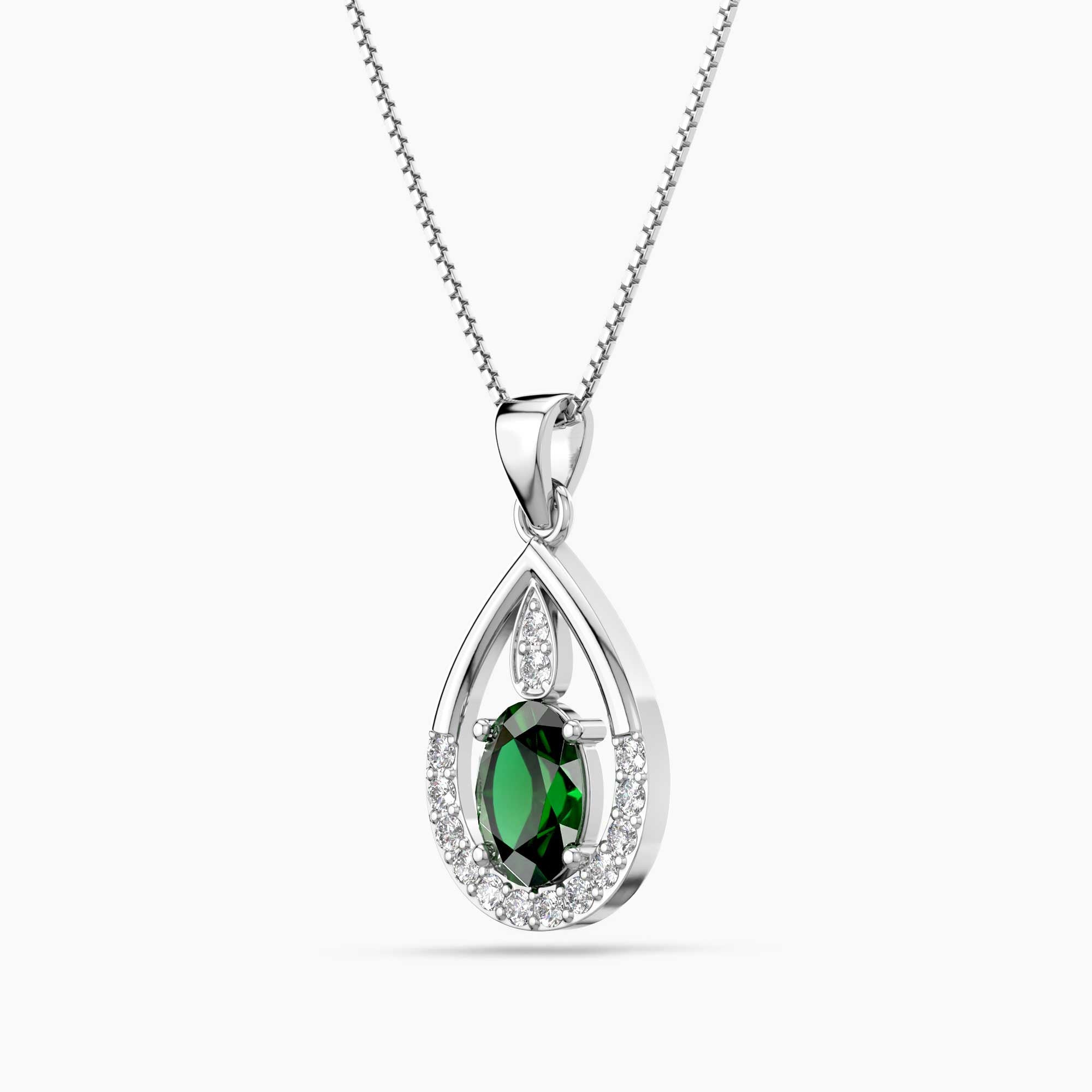 Emerald Teardrop Halo Pendant Necklace in Sterling Silver – May Birthstone | Irosk
