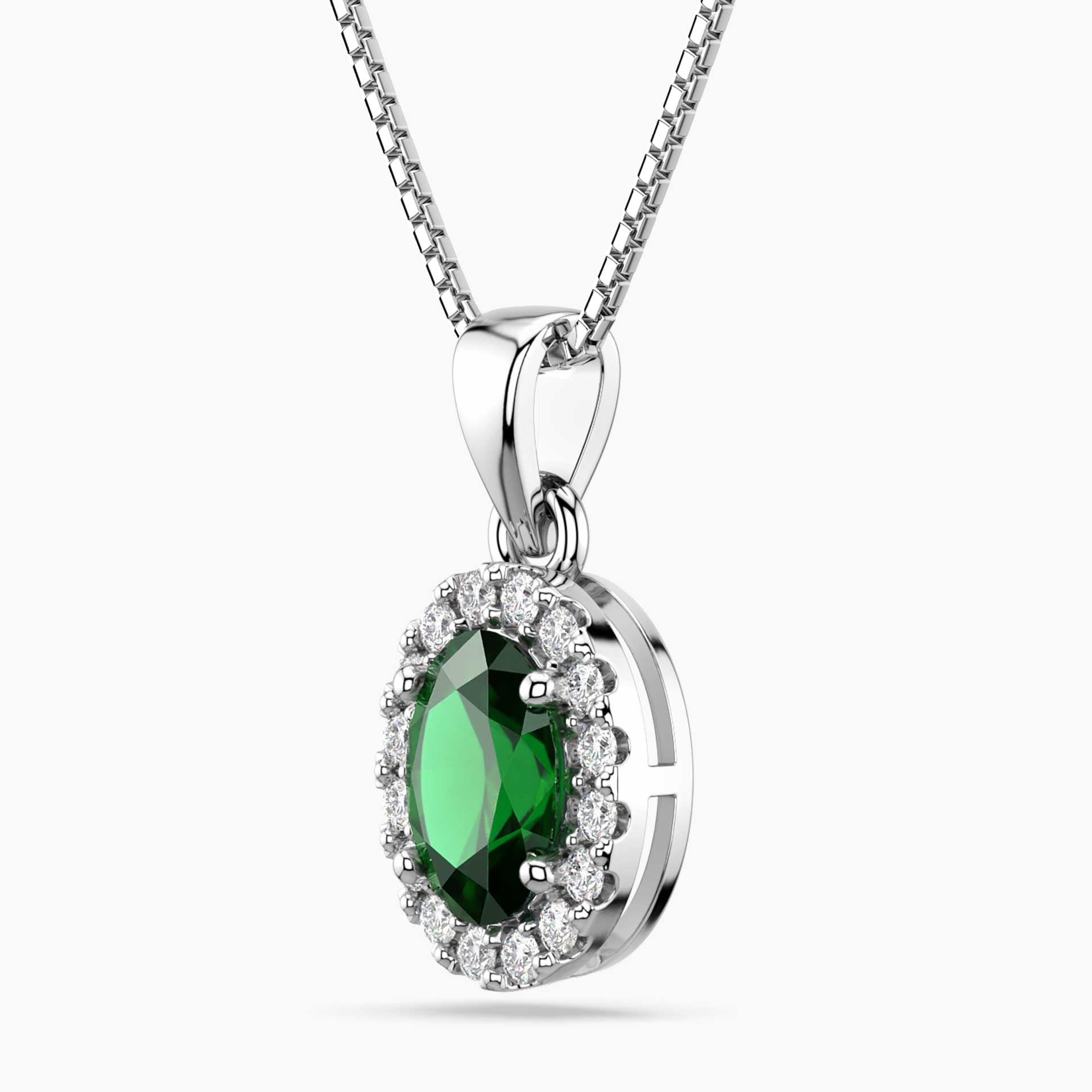 Emerald Oval Halo Pendant Necklace in Sterling Silver | Irosk