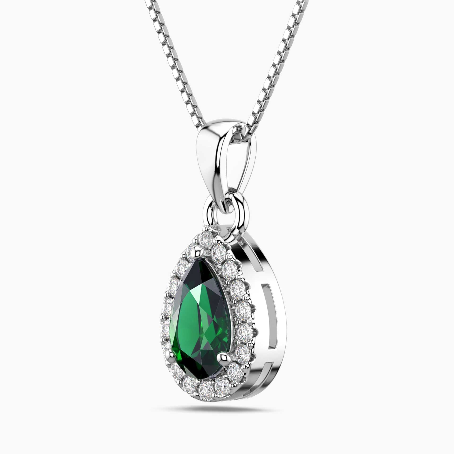 Emerald Pear Halo Pendant Necklace in Sterling Silver | Irosk