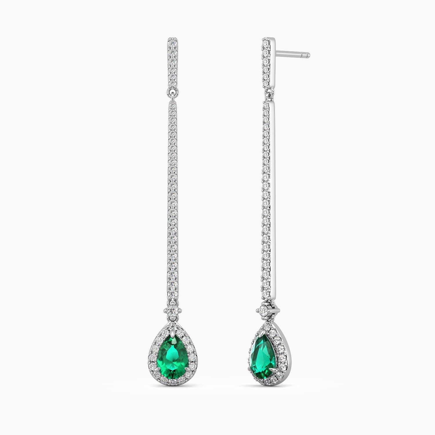 Sterling silver pear-shaped emerald dangle earrings with a 5 × 7 mm gemstone and 6 cm chain drop.