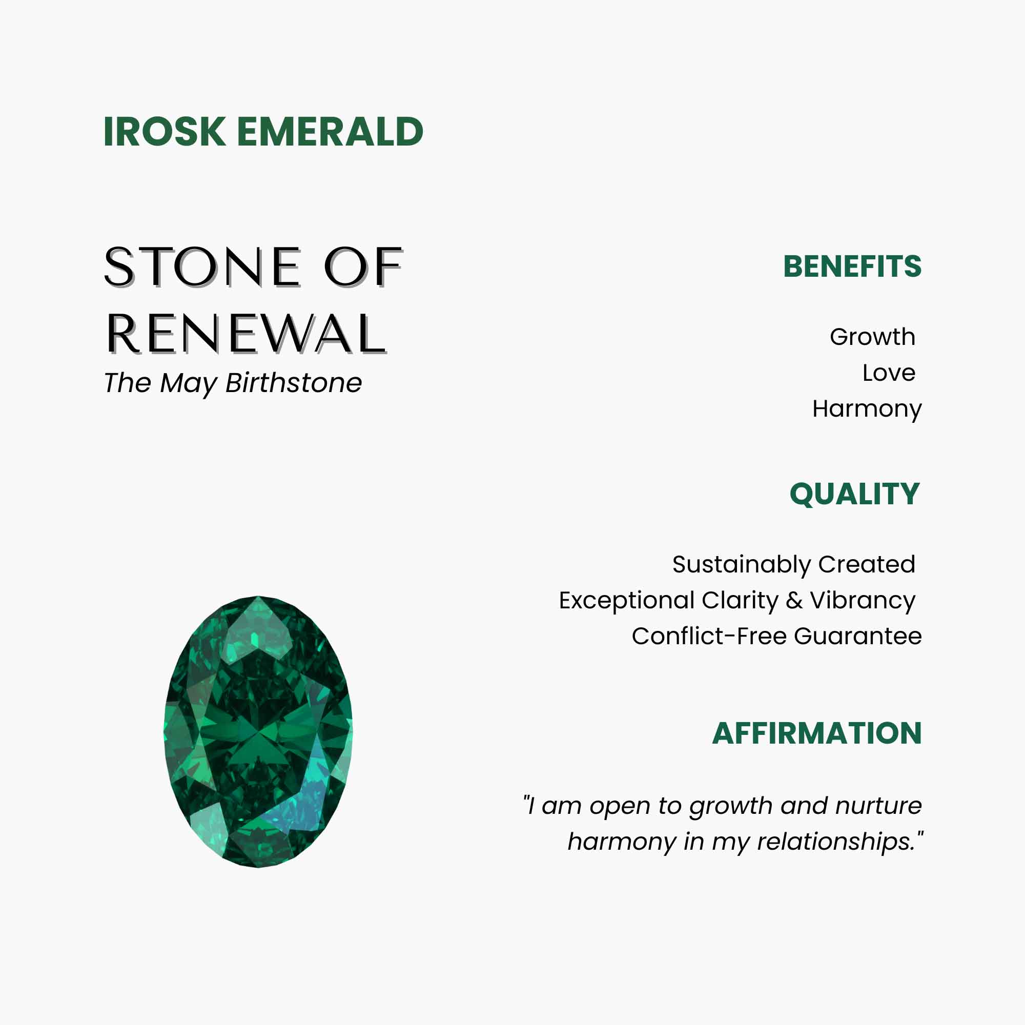 Irosk Emerald with benefits, quality, and affirmation text on a white background