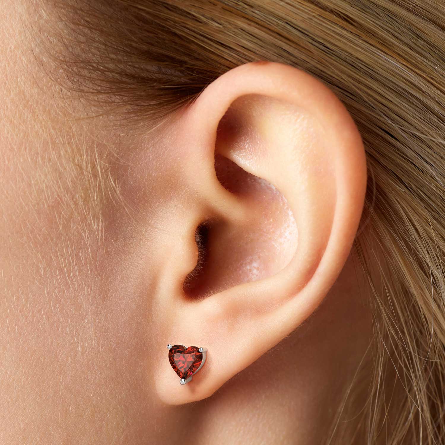 Heart Shape Stud Earrings in Sterling Silver - Garnet
